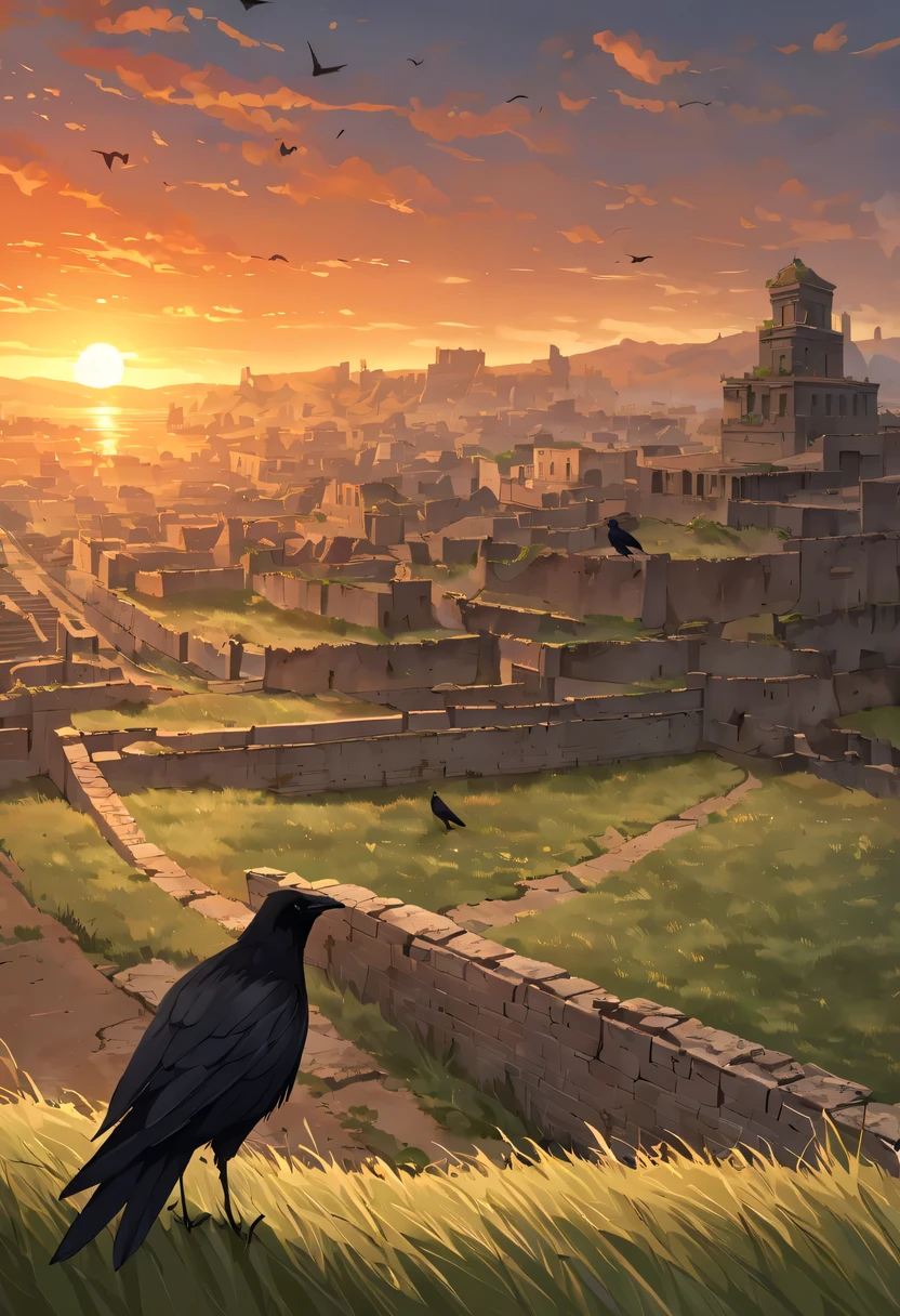 dead crow，Ancient road westerly wind，Looking into the distance，sunset in ancient capital，well worn，The city wall is mottled，wild grass fire，Silent and desolate，Loulan Ancient City