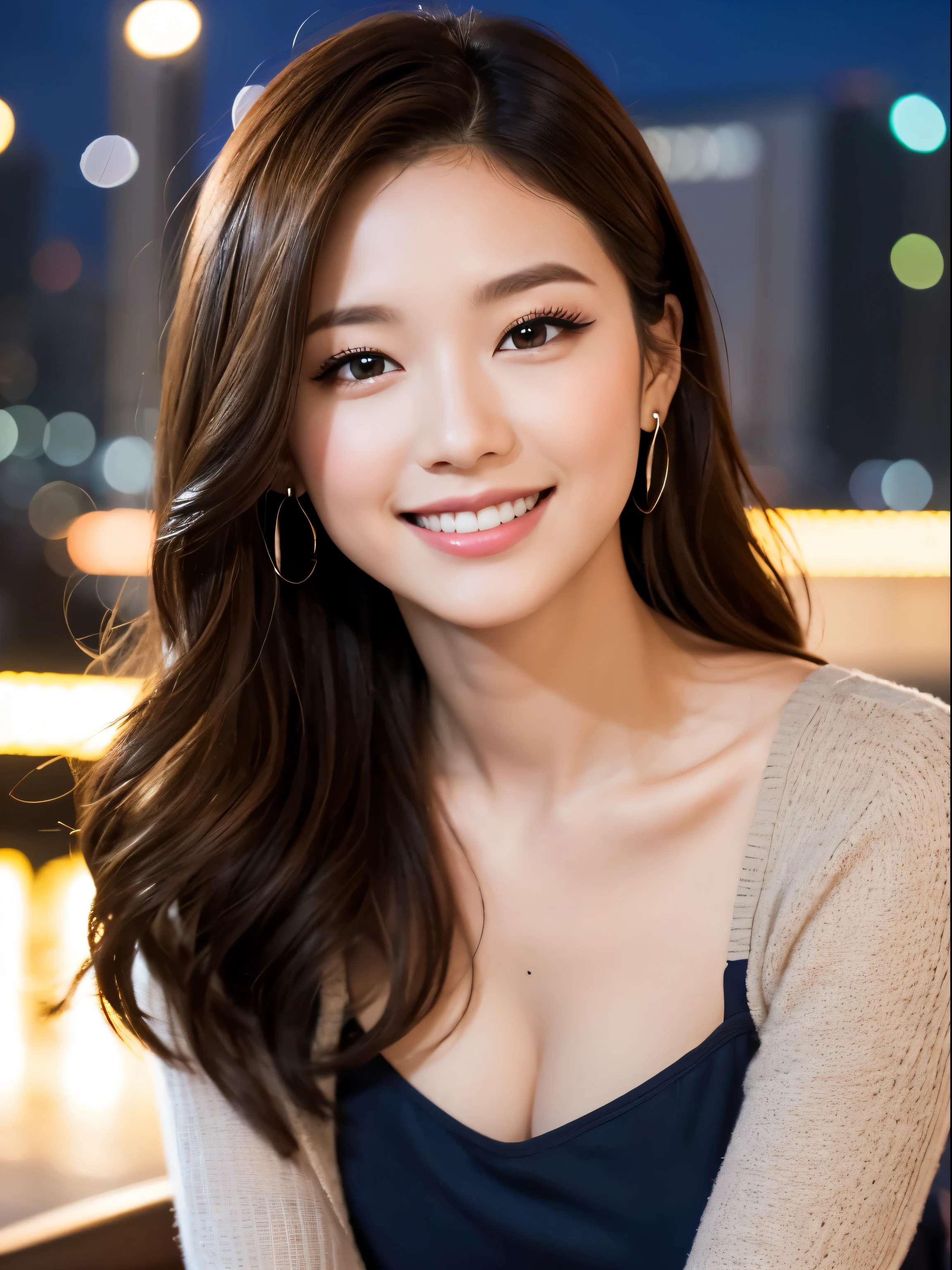 smile gently,  A smile loved by everyone, highest quality,on your knees , night background ,  table top, High resolution, (be familiar with:1.4), 1 girl, (Natural Eyeliner), light brown hair swaying , natural makeup, eye shadow, very thin eyebrows,  wavy hair