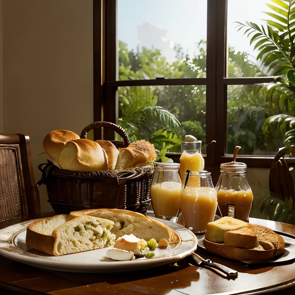 Generate a photorealistic image capturing an elegant breakfast table scene with an array of bread and assorted items. The composition should be visually appealing, emphasizing the beauty of the arrangement. The environment should highlight the textures of the food, creating an appetizing atmosphere. Pay special attention to the meticulous arrangement of the table to enhance the overall aesthetic appeal.