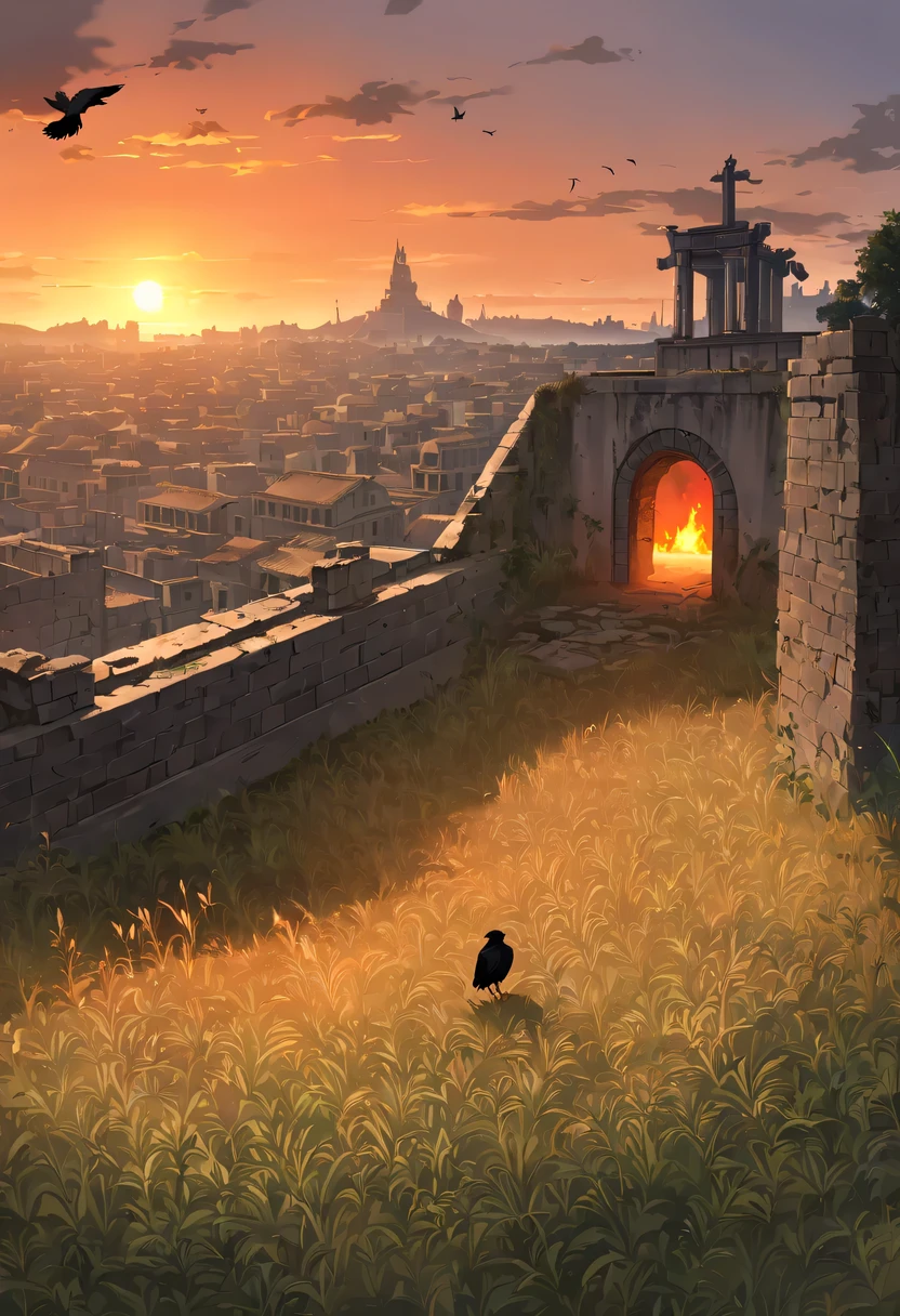 dead crow,Ancient road westerly wind,Looking into the distance,sunset in ancient capital,well worn,The city wall is mottled,wild grass fire,Silent and desolate,Bauhinia City