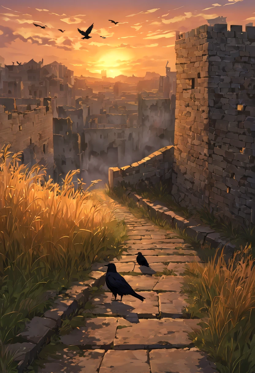 dead crow,Ancient road westerly wind,Looking into the distance,sunset in ancient capital,well worn,The city wall is mottled,wild grass fire,Silent and desolate