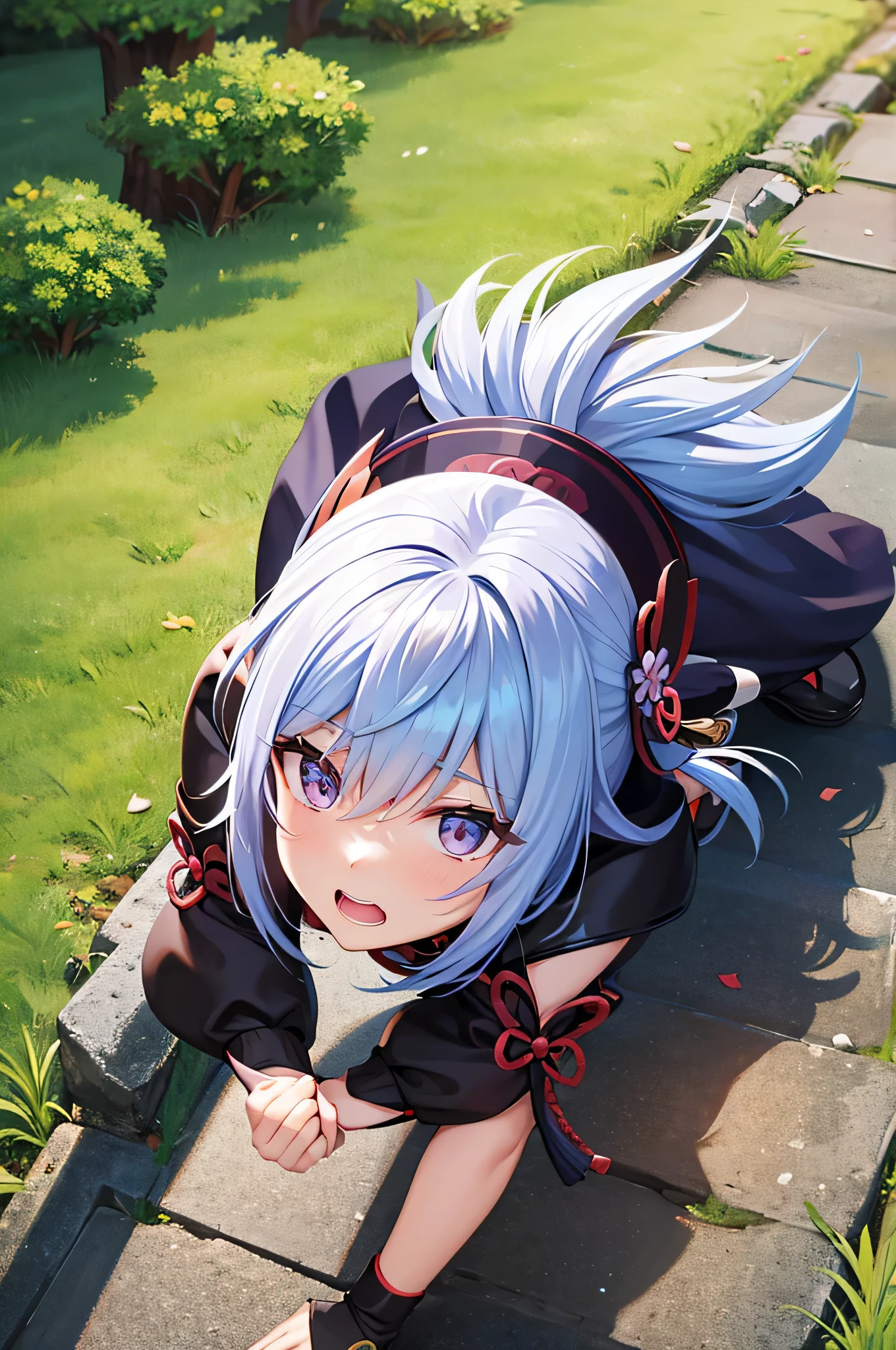 fluffy hair,lightblue hair,Orange Eyes,all-fours,stick out buttocks,Clothes with long sleeves that look warm,red tide,Look back in embarrassment,Happy face,Antique cityscape,Autumn outfit,oversize clothes,long skirt in dark colors,,,,Loose socks,Angle from behind