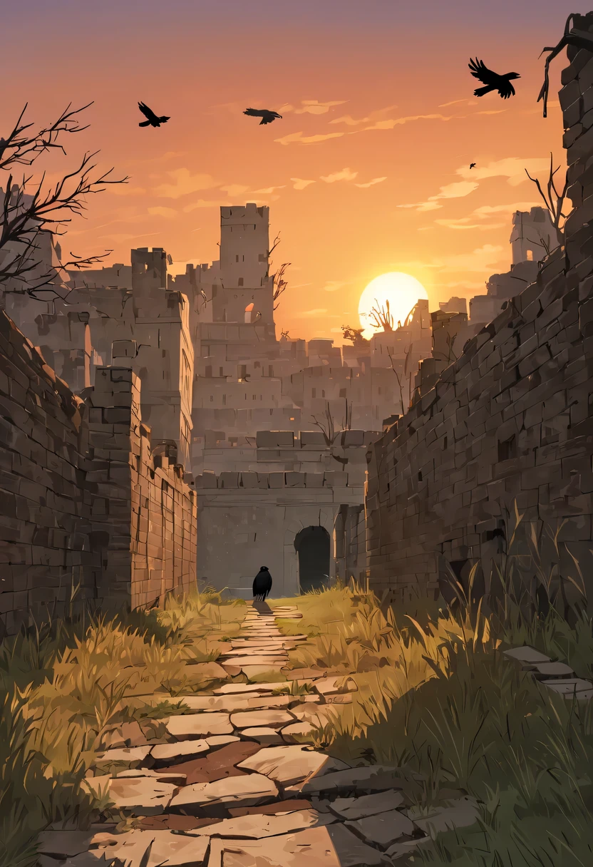 deadwood crow,The ancient road to the west windsheng,sunset in ancient capital,well worn,The city wall is mottled,wild grass fire,Silent and desolate
