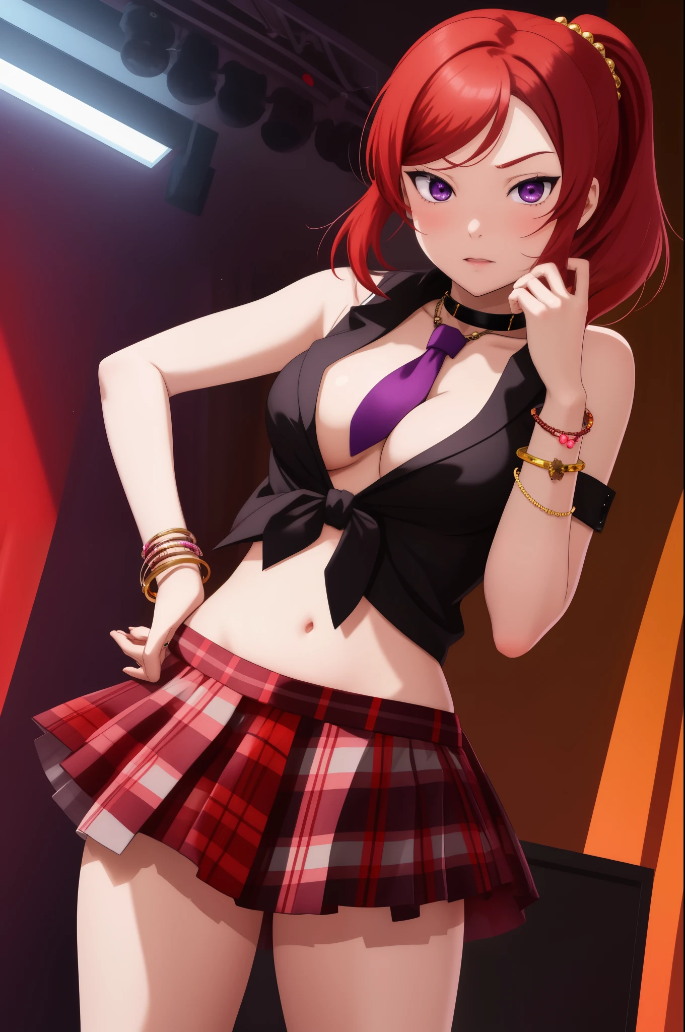masterpiece, best quality, (1girl:1.000), (bracelet:1.000), (jewelry:0.998), (nishikino maki), (tied shirt:0.993), (red hair:0.987), (purple eyes:0.976), (navel:0.964), (plaid skirt:0.964), (front-tie shirt:0.961), cleavage ,(solo:0.953), (bangle:0.938), (choker:0.929), (ponytail:0.897), (skirt:0.895), (scrunchie:0.875), standing, (breasts:0.778), (midriff:0.672), (school uniform:0.618), (blush:0.617), (hair ornament:0.542), (white shirt:0.537), (simple background:0.517), (black choker:0.505), hand on hip