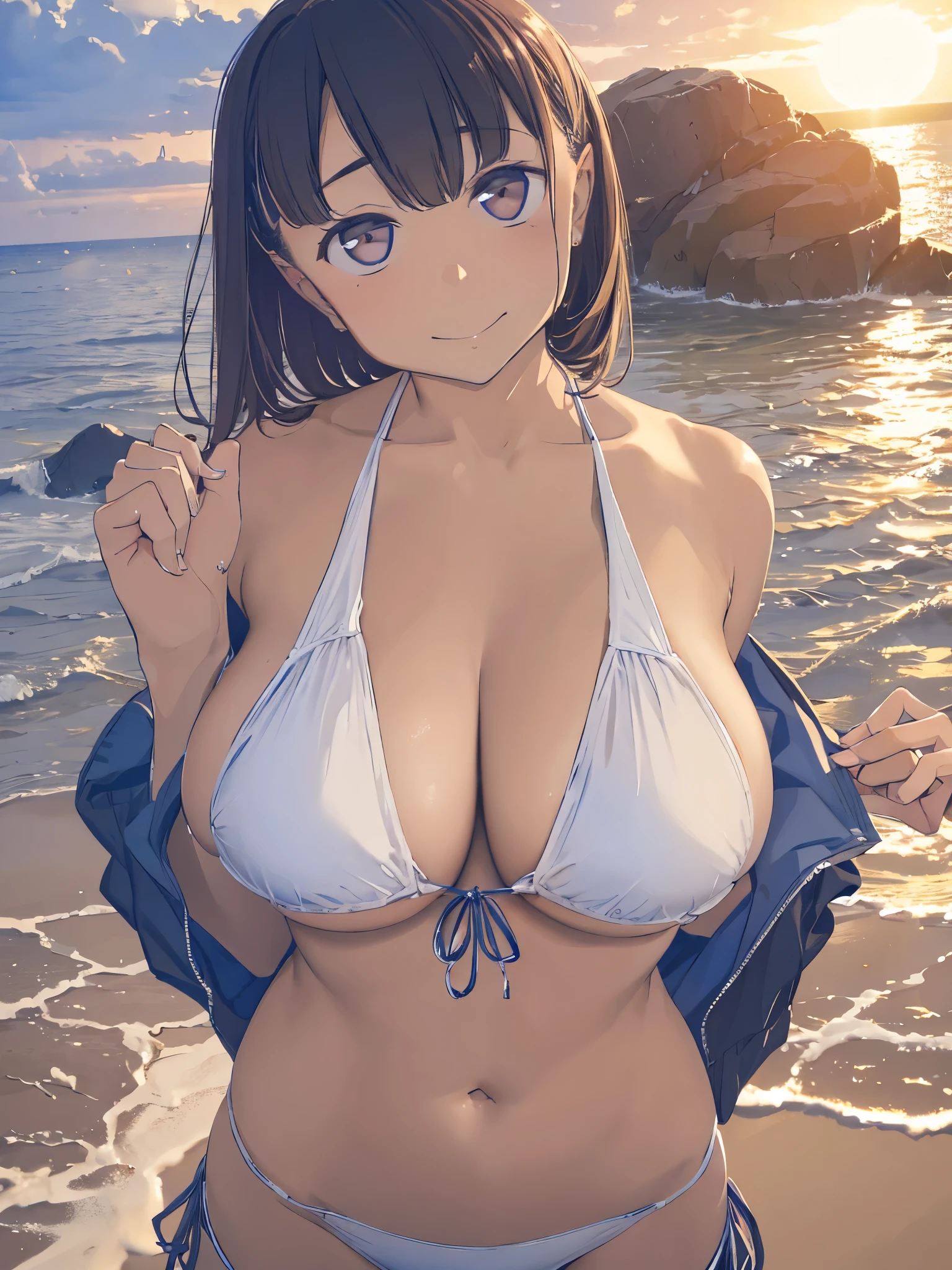 masterpiece、top-quality、detaile、tanned skin、hight resolution、extremely delicate and beautiful、beutiful breast、Smile、multiple female、5 women、4 females、The bikini、pareo、Colossal tits、sea side、a lot of sticky milk on her 、tanned skin