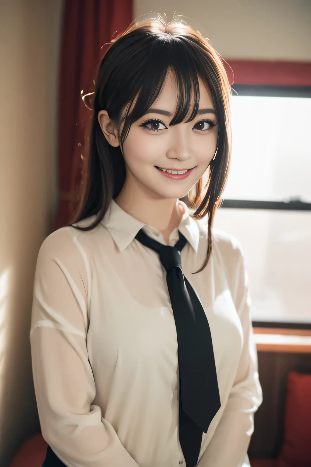((dark eye shadow、dark eyeliner、black hair、perm、medium length hair、bangs、thin eyebrows、white shirt、black tie))、NSFW、masterpiece、最high quality、high quality、growing up、beautiful feces、High resolution、very high resolution、RAW photo、best illustrations、hyper realistic、1 girl、realistic、Super detailed、Photoreal、incredibly absurd、close、floating hair、soft light、movie theater lighting、film grain、Full body Esbian、written boundary depth、blurred background、Bokeh:1.4、focus of the eye、85mm lens、professionally lit、Lens flare、luminescent particles:0.6、professional writing、portrait:0.6、photon mapping、Physically based rendering、japanese girl、sexual excitement:1.5、lifelike face、realistic body、skin that looks real、huge breasts:1.3、good style、camel toe、white skin:1.1、cute:1.5, ((Studio apartment,))((smile,))