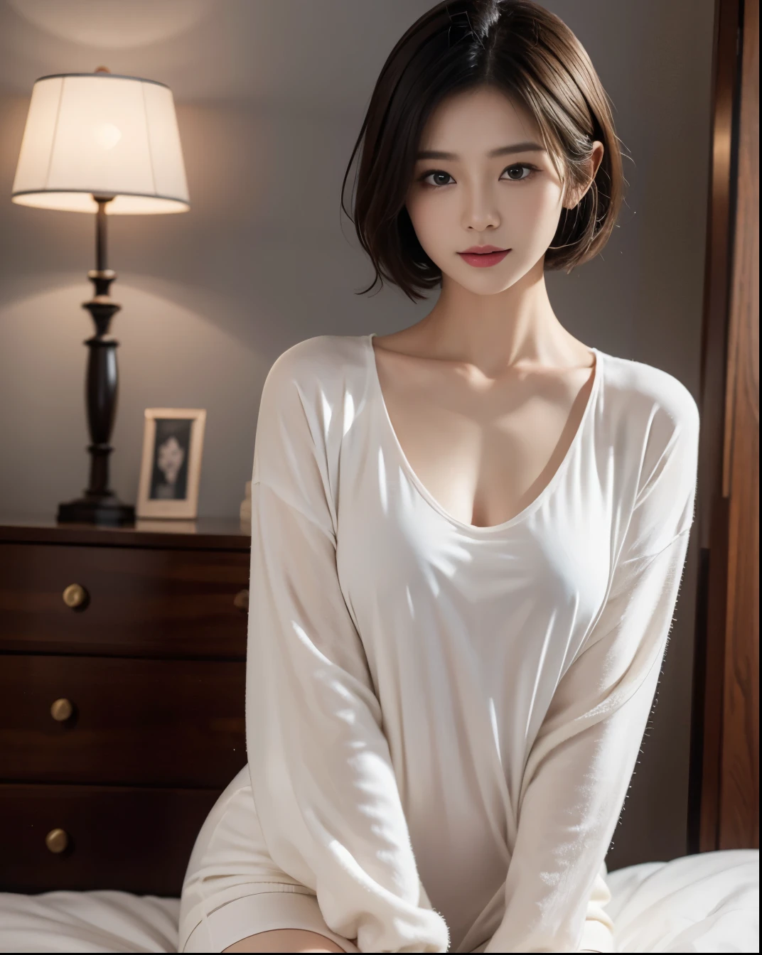 Modern room with night view、quiet time at night、Beautiful woman resting in a sophisticated black and white room、Look down, Close your eyes and smile、slightly open lips、short haired、Beautiful Japanese actress nightwear、(real、フォトreal)、Beautiful Japan actress、short haired、Sakimi-chan、cinema light, realistically, best quality, Complex CG,highly detailed face,High detail eyes,