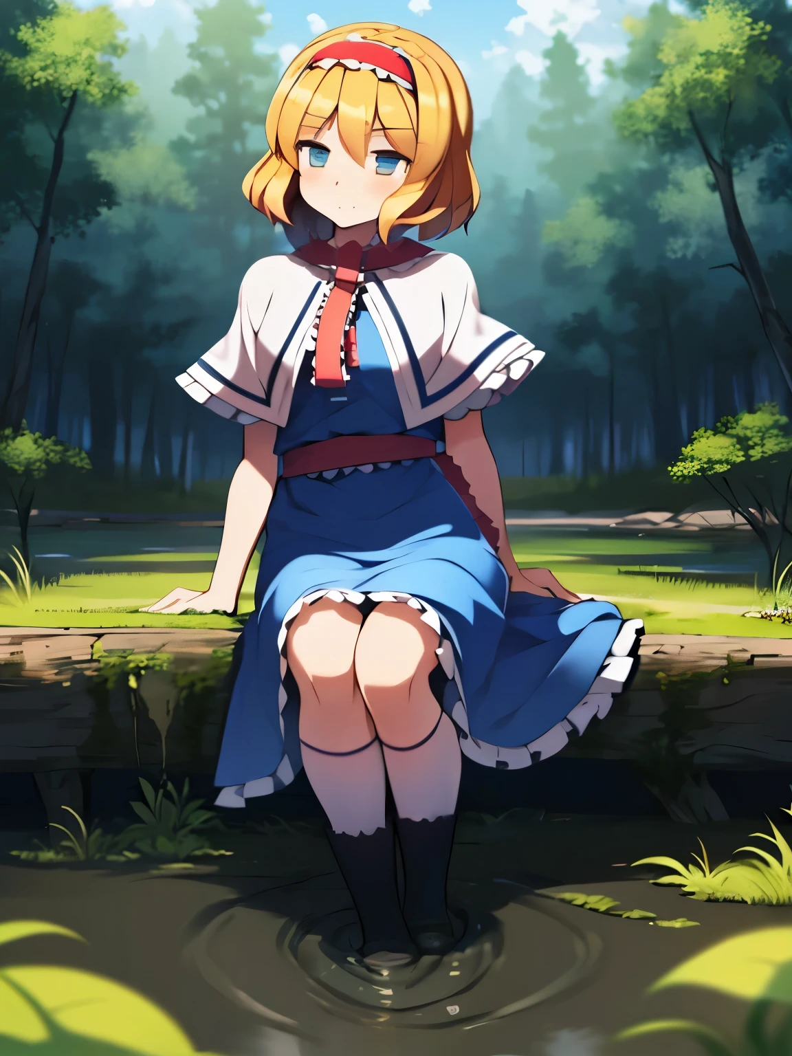 1girl,touhou,(alice margatroid:1.3),1girl,blonde hair, blue eyes, capelet,sash,red hairband, short hair, (long blue dress:1.6), (white kneehighs,loafers:1.4),a stream running through a forest filled with trees, matte painting v ray, by Erik Pevernagie, mystical forest lagoon, standing in the mystical forest, 1128x191 resolution, an ai generated image, dark fog surrounds him, hyperrealistic image, atmospheric photograph, high resolution print, eery dead swamp setting, very beautiful ambient light