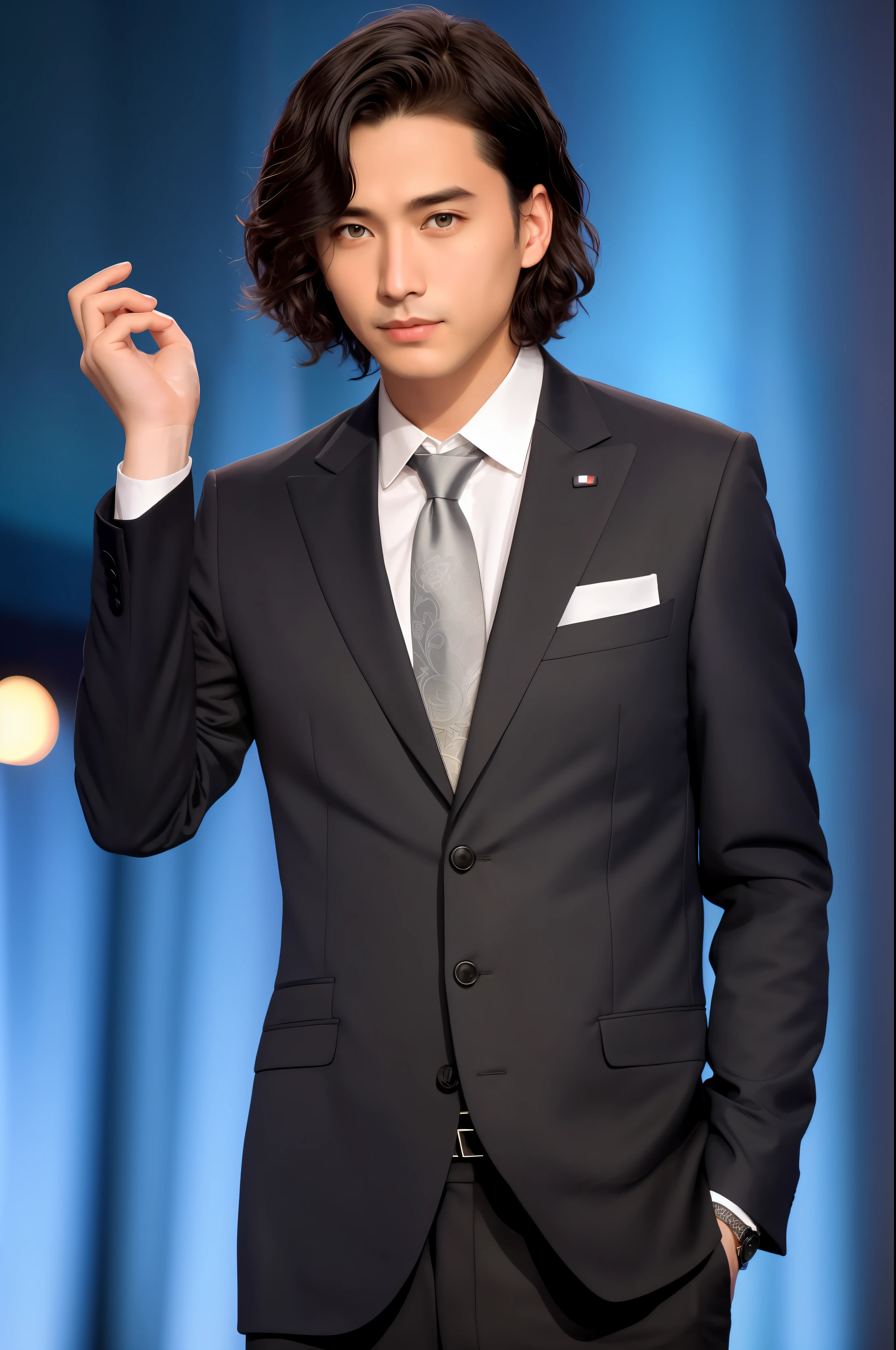 Cool Japan man in black suit, Live House Stage, short hair, neon light, Lighting light, very detailed, 30 years old, innocent face, natural wavy hair, blue eyes, High resolution, masterpiece, highest quality, intricate details, very detailed, sharp focus, detail skin, realistic skin texture, texture, fine eyes, Professional, 4K, cute smile, big eyes, necklace around neck, Photographed with Canon, 85mm, shallow depth of field, kodak vision color, perfect fit body, very detailed, Photot_ ultra, realistic, Postworking, maximum details, roughness, real life, surreal, photorealism, photograph, 8K UHD, photograph