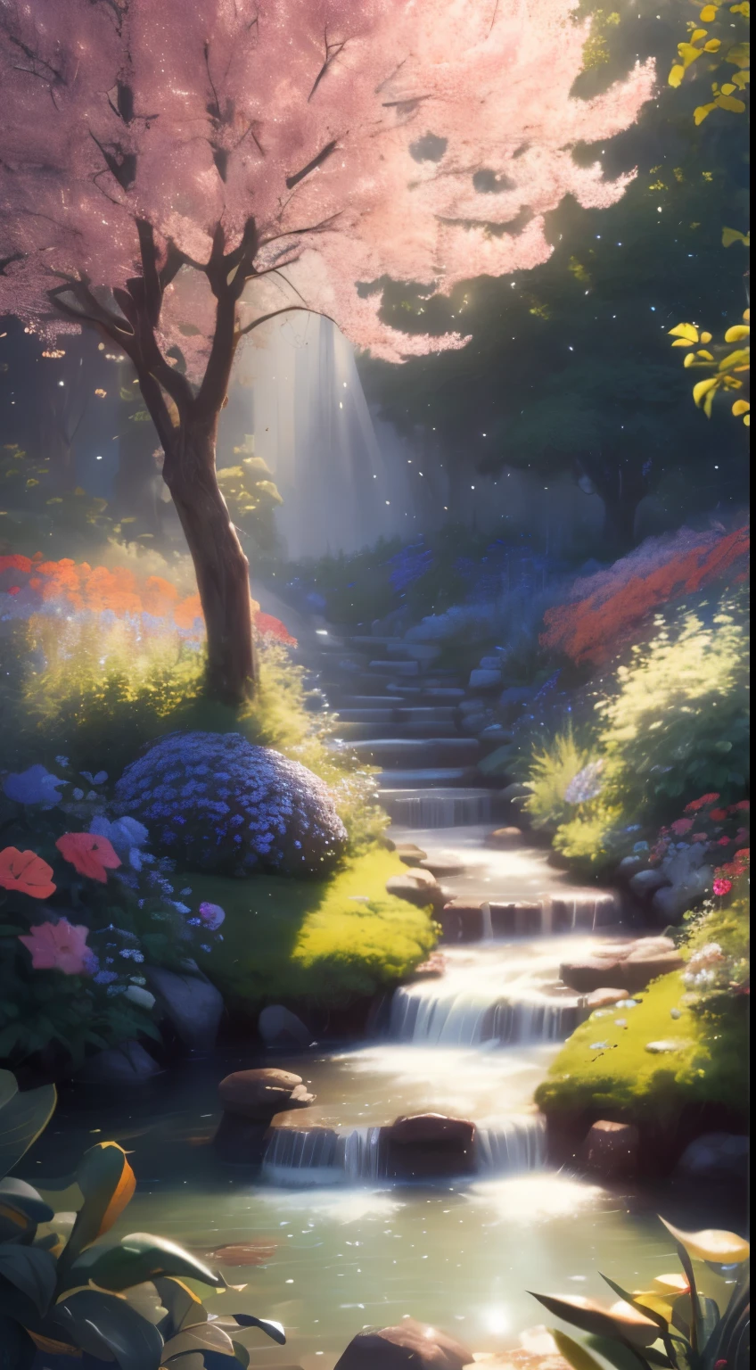 (best quality,8k,highres,masterpiece:1.2),extremely detailed CG render,award-winning photo,bokeh,depth of field,human development report,blossoming,contrasting colors,realistic,ultra-detailed,art station trend,CG society trend,complex,high detail,dramatic,journey of art,volumetric lighting,tree with fruits,at the center of the garden,forrest,trees,stream,birds,ray of light from the sky