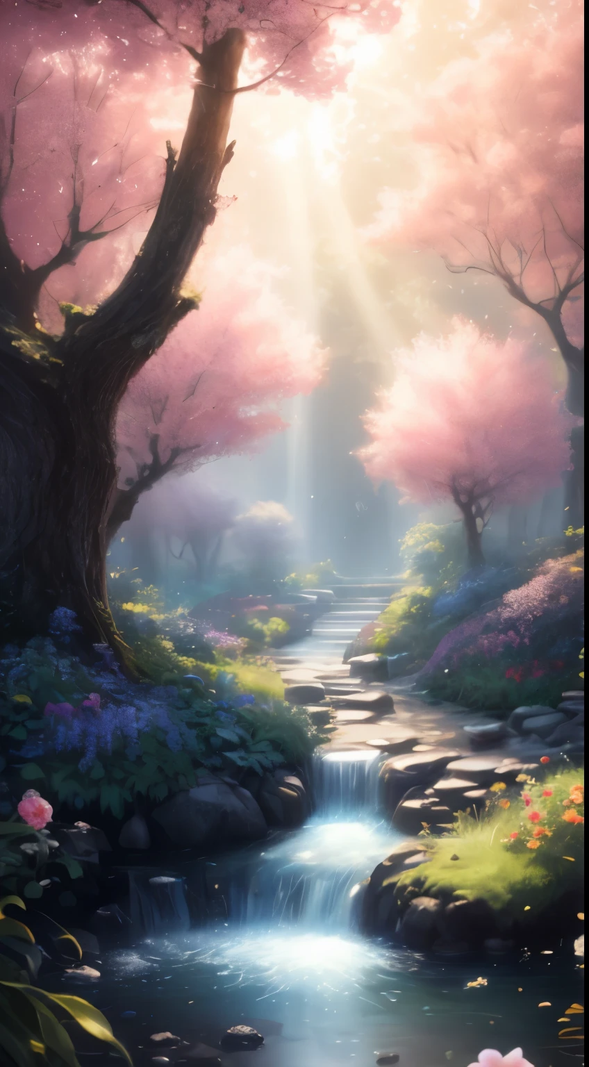 (best quality,8k,highres,masterpiece:1.2),extremely detailed CG render,award-winning photo,bokeh,depth of field,human development report,blossoming,contrasting colors,realistic,ultra-detailed,art station trend,CG society trend,complex,high detail,dramatic,journey of art,volumetric lighting,tree with fruits,at the center of the garden,forrest,trees,stream,birds,ray of light from the sky