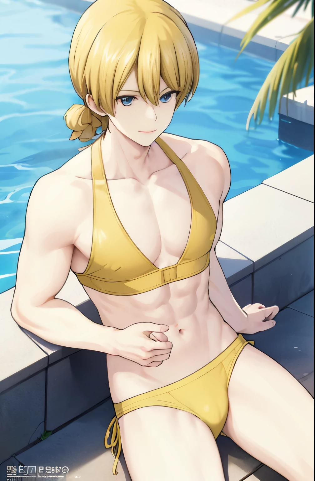 Anime man in bikini in the pool, Blonde man with two knots, solo, blue eyed man, highly detailed art germ, bikini with an yellow top, bikini with an yellow bottom, Highly rated on pixiv, Glossy yellow bikini, wearing bikini swimwear, seductive anime men, wearing a swimsuit, in a triangle bikini, Man in swimsuit, wearing bikini swimsuit, Gweiz on pixiv artstation, Trending with Art Station Pixiv, Gweiz on artstation pixiv, Gweiz, male focus, pixiv 3DCG, Also,