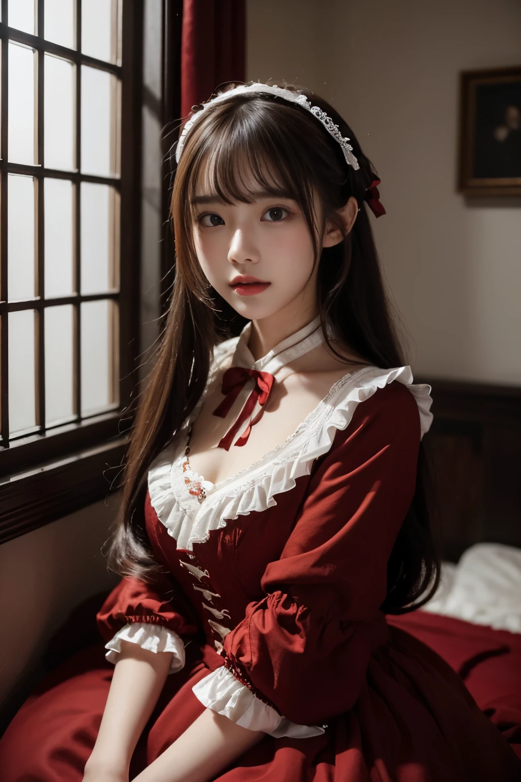 (realistic:1.3), in detail, quality, rembrandt lighting, (masterpiece:1.2), (realistic:1.2), (Best quality), (fine skin:1.3), (intricate details), dramatic, ray tracing, 1 girl, japanese girl, 21 years old, fine skin texture, (blush:0.5), (I get goosebumps:0.5), Scattered beneath the surface, smile, medium breasts, updo hair, bangs, hair between eyes, Etch hula, wear ta costume, woman wrapped in red ribbon, long hair, (Romantic bedroom, bed, rose petals, night, window),