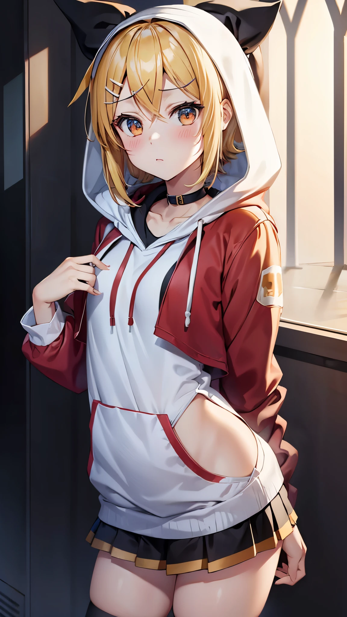 Kagamine rin , 1 girl , wearing a red hooded sweater , white miniskirt with gold horizontal lines , viendo al espectador , bragas visibles , rostro seductor ,(imagen de ultra alta calidad 8k ) obra maestra ( high-definition picture ) , maximum image resolution , ( detalles de la imagen bien definidos )