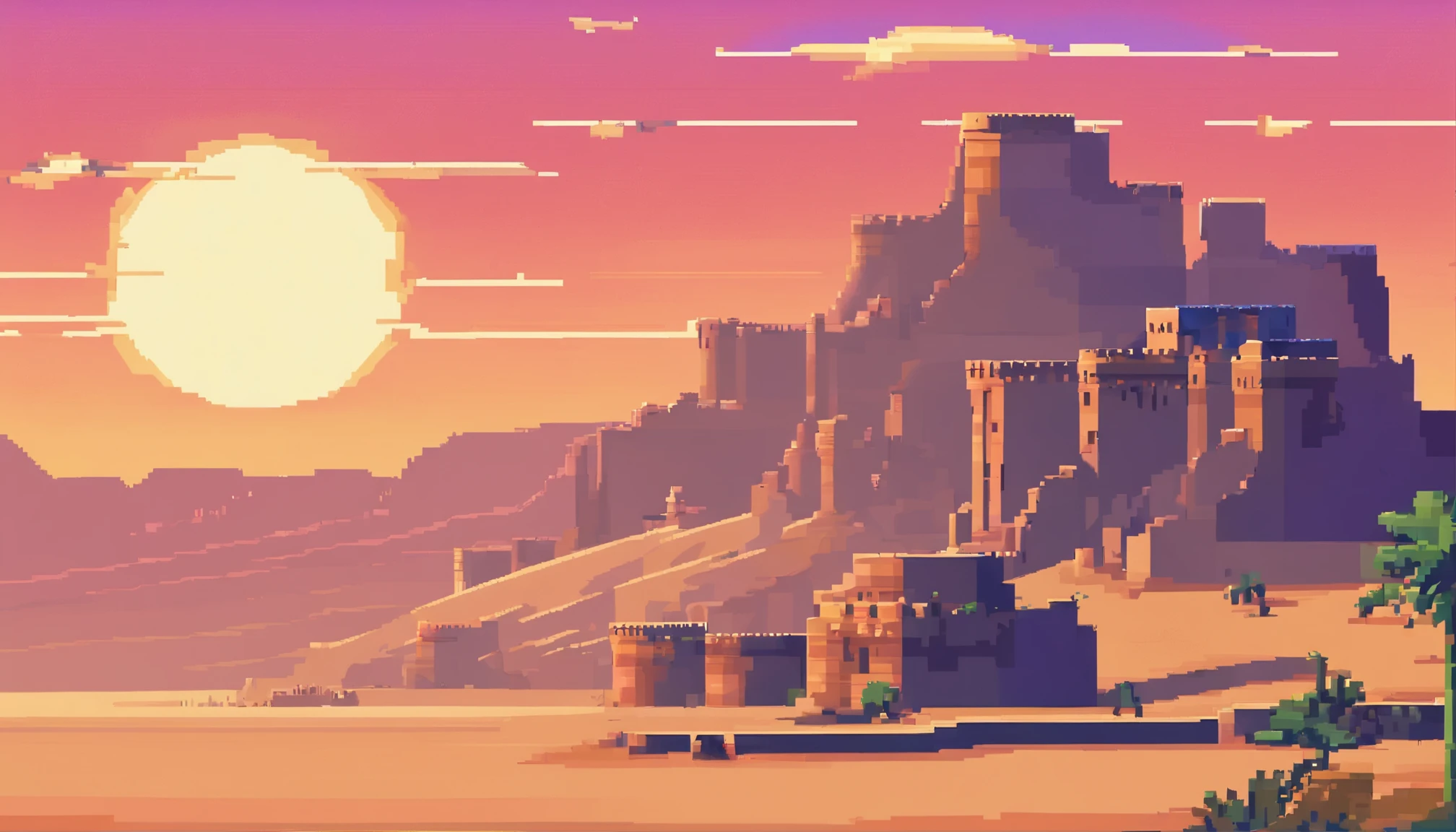 wallpaper concept art, desert and dunes, ((no human)), digital art, illustration, fine details, ((sunset, ancient city, architecture))