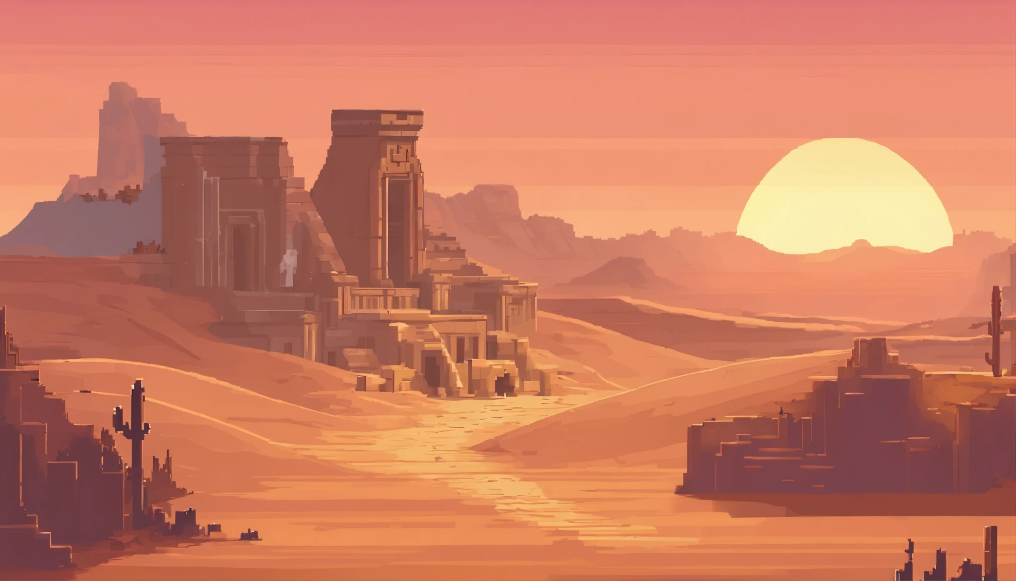 wallpaper concept art, desert and dunes, ((no human)), digital art, illustration, fine details, ((sunset, ancient city, architecture))