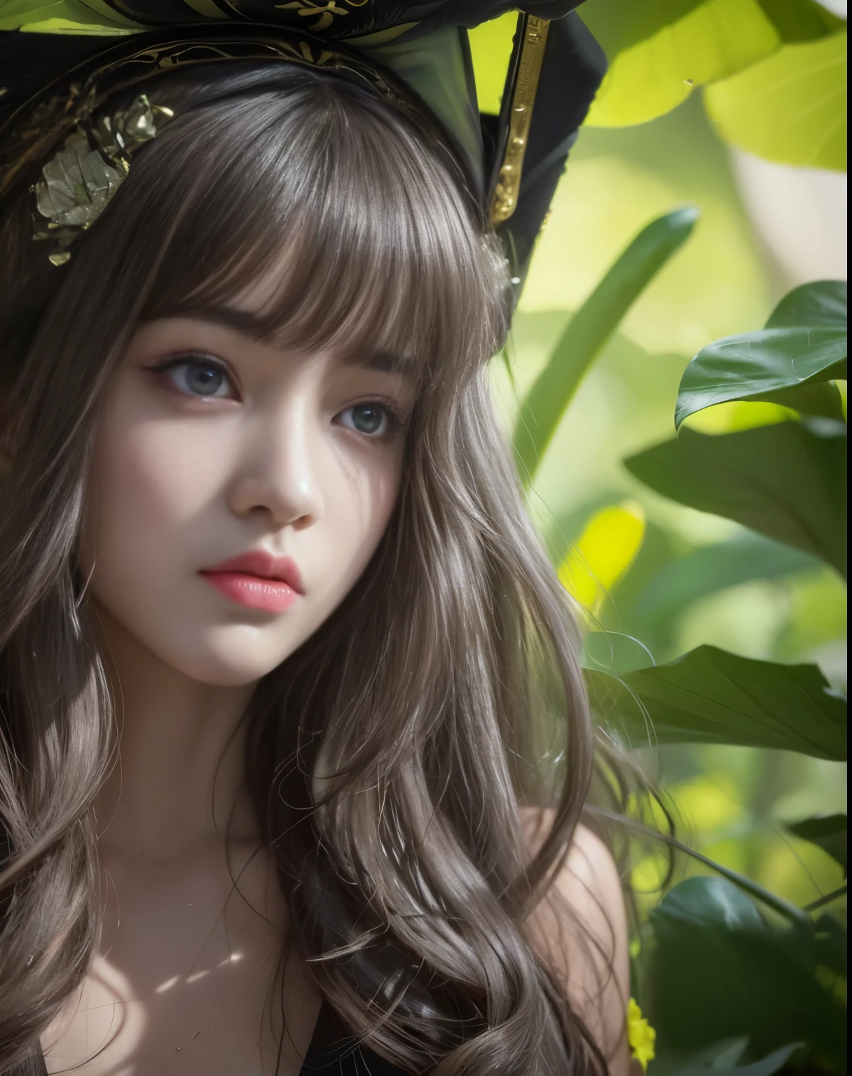(digital 3d art 1.5),(masterpiece),(high detail),(3 d anime 1.4),close up,Bright colors,1 asian idol girls, youthful appearance,Big watery glowing eyes，(Focus on your eyes), long eyelashes,sweeping bangs，(Long gray hair),Hair,hair accessories,curls, guweiz style artwork, guweiz, 古威兹masterpiece, (Soft portrait shots 8K),   kawaii actual portrait, inspired by Yanjun Cheng，Green lotus leaves,[dynamic shadowing], telephoto lens