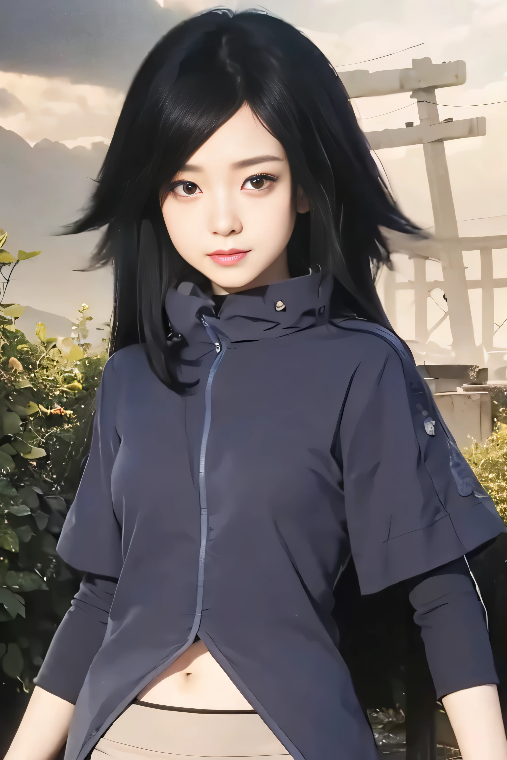 masterpiece, best quality, (realistic,photo-realistic:1.4), (RAW photo:1.2), extremely detailed CG unity 8k wallpaper, delicate and beautiful, amazing,finely detail, official art, absurdres, incredibly absurdres, huge filesize, ultra-detailed,extremely detailed eyes and face,light on face,little smile,(black hair:1.4),(wearing deep blue clothes:1.4),nature background,very long hair