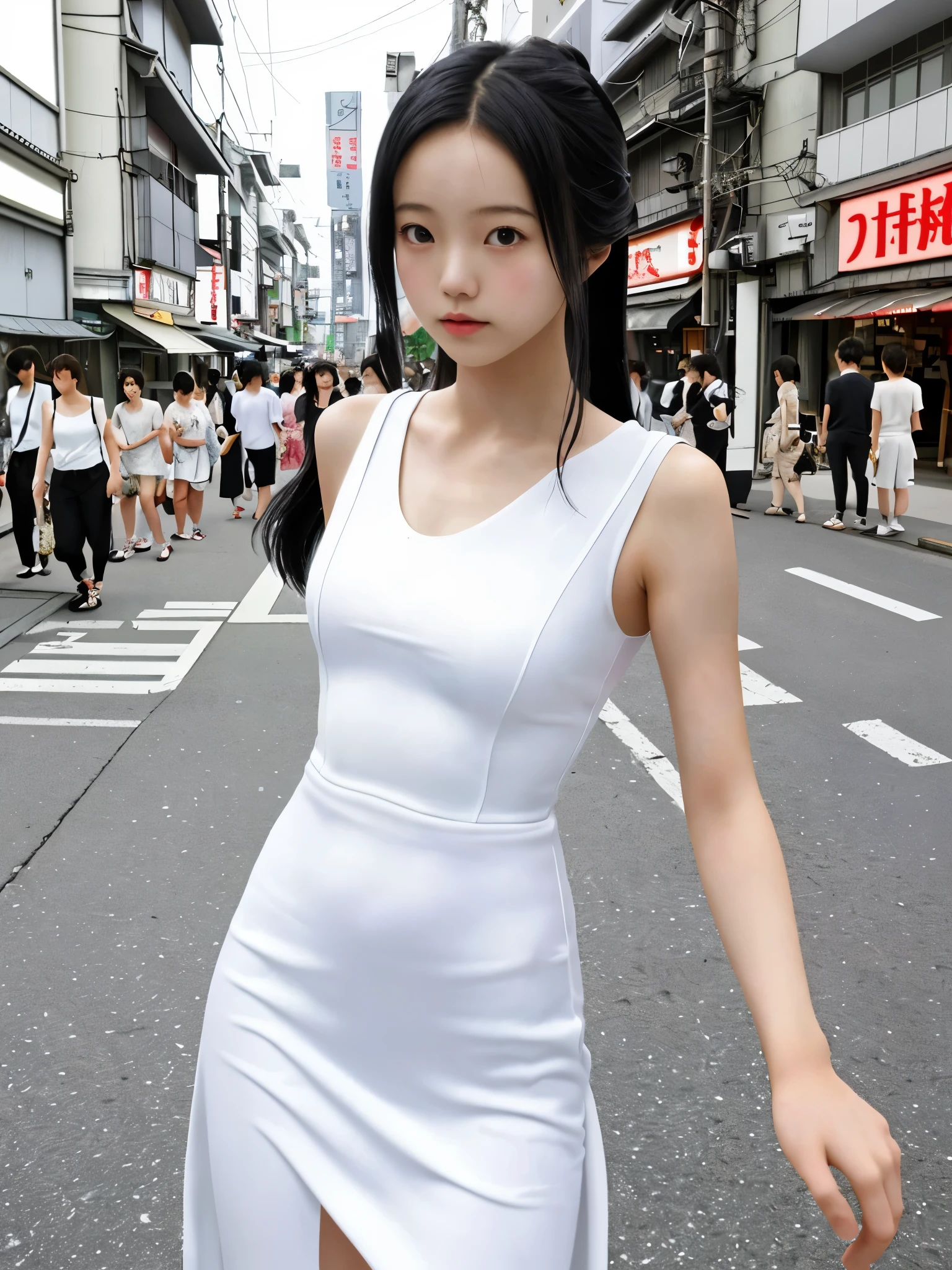 Japan girl at 18 years old, wearing white small long sexy dress, sexy, beautiful skin, standing on the street in japan,  Bare skin, indifference, NSFW,  surreal, realistic, be familiar with, 8K, ultra be familiar with,sexyポーズ