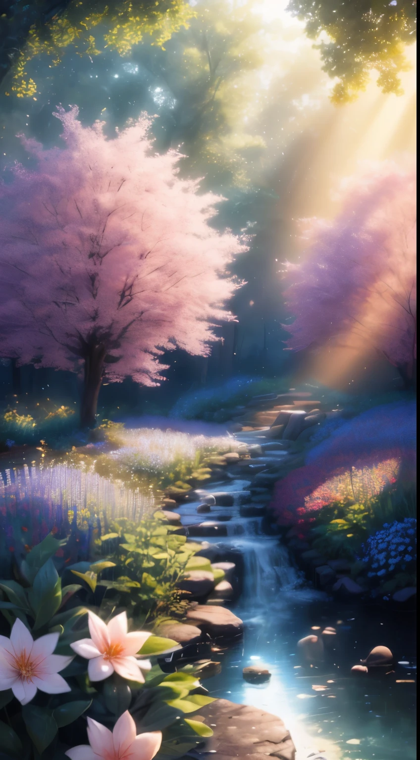 (best quality,8k,highres,masterpiece:1.2),extremely detailed CG render,award-winning photo,bokeh,depth of field,human development report,blossoming,contrasting colors,realistic,ultra-detailed,art station trend,CG society trend,complex,high detail,dramatic,journey of art,volumetric lighting,tree with fruits,at the center of the garden,forrest,trees,stream,birds,ray of light from the sky