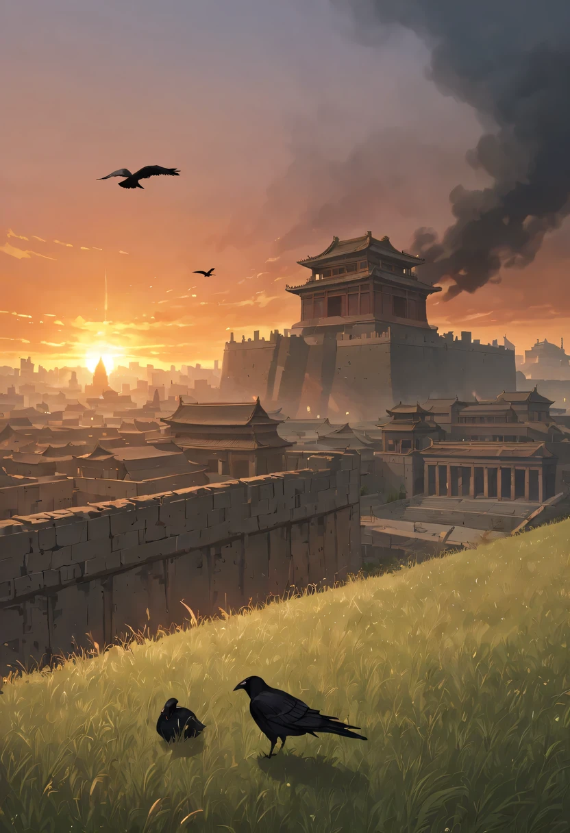 future warrior，dead crow，Ancient road westerly wind，Looking into the distance，sunset in ancient capital，well worn，The city wall is mottled，wild grass fire，Silent and desolate，the forbidden city