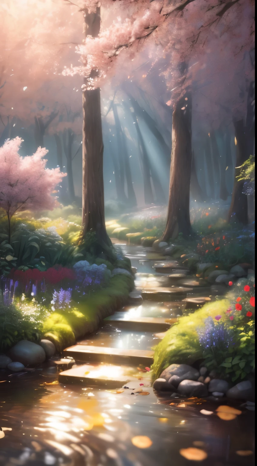 (best quality,8k,highres,masterpiece:1.2),extremely detailed CG render,award-winning photo,bokeh,depth of field,human development report,blossoming,contrasting colors,realistic,ultra-detailed,art station trend,CG society trend,complex,high detail,dramatic,journey of art,volumetric lighting,tree with fruits,at the center of the garden,forrest,trees,stream,birds,ray of light from the sky
