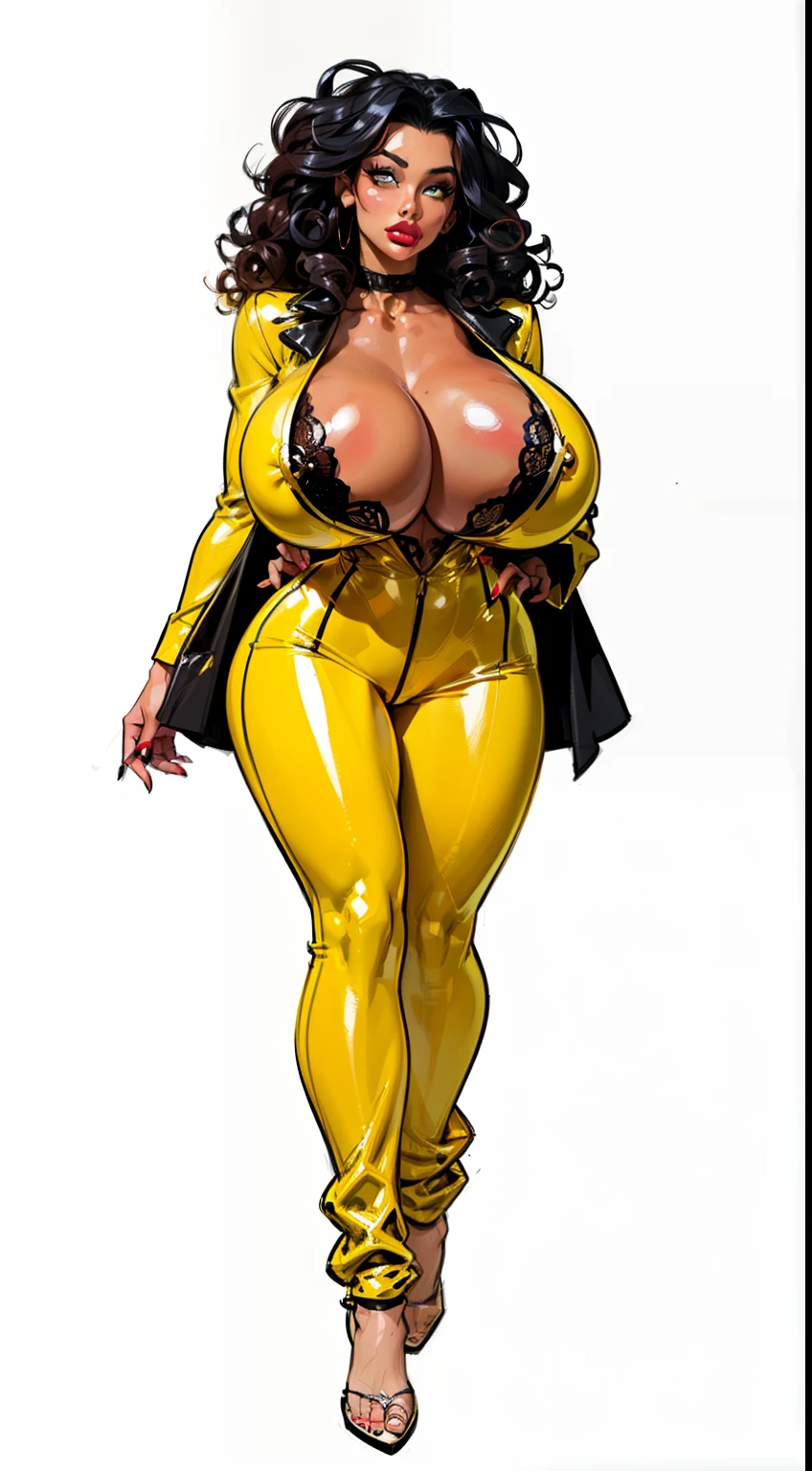 ((masterpiece)),(((best quality))),((character design sheet)), ((full body view)) ((black woman)), ((seductive eyes:1.4)), defined cheekbones, high cheekbones, illustration,  muscular, ((gold:1.4)), sexy bimbo, (gigantic breasts:1.7) (black hair), ((detailed face:1.4)) beautiful woman, ((curly hair:1.4)), colored skin, ((black skin:1.4)) , (red lipstick:1.4), shiny skin, scribbles and marks,(puffy lips:1.4) ,(yellow disco outfit:1.3), bell bottom pants,open shirt,  rough sketches, pose, 8k,16k, ( background, white background: 1.3), yellow arms, yellow legs, black torso, yellow and black color palette, ((beautiful face))