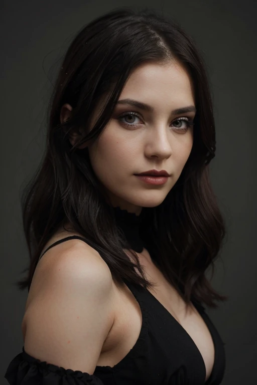 (best quality,realistic,portrait:1.2),beautiful dark hair girl,girl with gothic style,slightly smiling,detailed eyes,dark lipstick,gothic makeup,porcelain skin,vivid colors,subtle lighting, front view