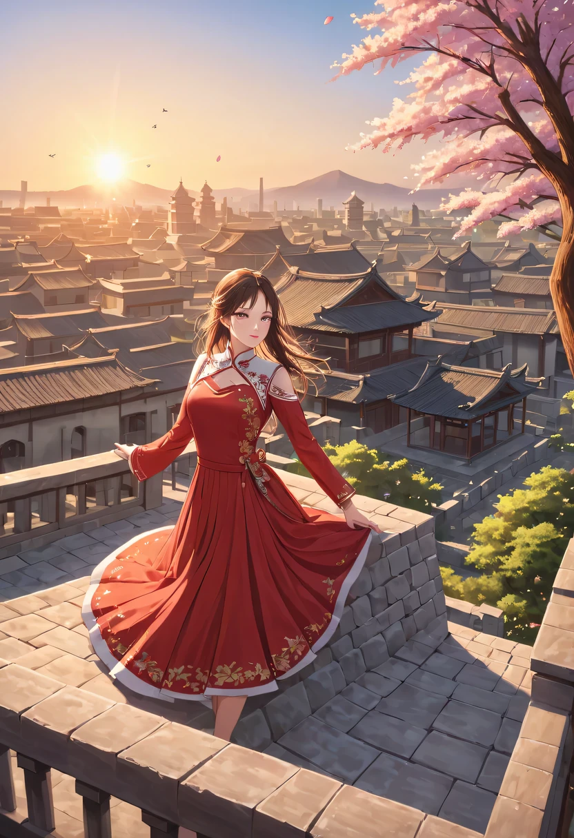 (Girl in red,perched on top of house,Admire the distant skyline,sunset,ancient imperial city,cloud,falling petals,become sunny,historical capital, flock of wild geese) ,painting,Super detailed,bright colors,sharp focus,professional lighting,lifelike,human development report,enclosed garden,Blooming flowers completely cover the ground,There are multiple traditional buildings in the background,Carefully carved wooden structure,curved roof tiles,ancient stone wall and gate,Slender willow trees sway in the breeze,Cherry blossoms fall gently,Traditional Chinese clothing with intricate embroidery,detailed facial features,Expressive eyes and long eyelashes,Smiling lips,Soft sunlight illuminates the scene,peaceful atmosphere,Peaceful and idyllic, A combination of history and natural beauty, Ethereal and timeless.