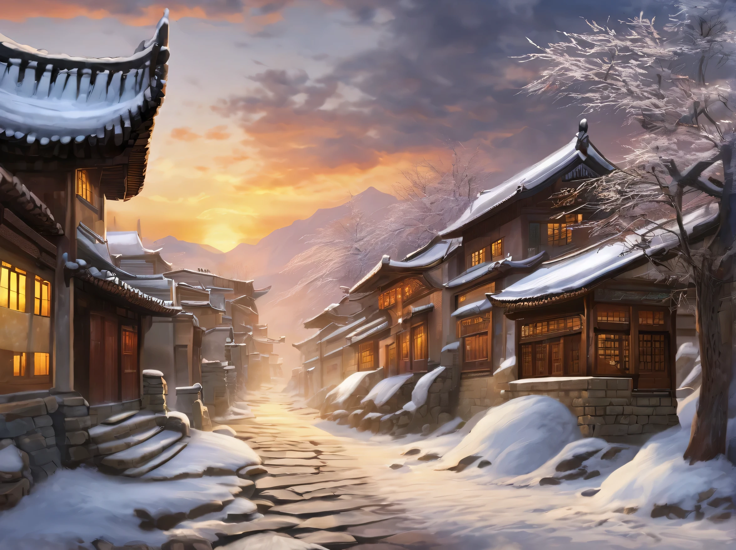 winter,An ancient town built in an instant,Ancient complex,There is snow on the eaves,Stone road,xiaocj,Sunset,Sunset