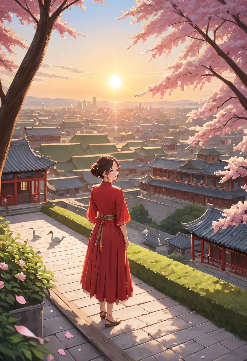 (Girl in red,perched on top of house,Admire the distant skyline,sunset,ancient imperial city,cloud,falling petals,become sunny,historical capital, flock of wild geese) ,painting,Super detailed,bright colors,sharp focus,professional lighting,lifelike,human development report,enclosed garden,Blooming flowers completely cover the ground,There are multiple traditional buildings in the background,Carefully carved wooden structure,curved roof tiles,ancient stone wall and gate,Slender willow trees sway in the breeze,Cherry blossoms fall gently,Traditional Chinese clothing with intricate embroidery,detailed facial features,Expressive eyes and long eyelashes,Smiling lips,Soft sunlight illuminates the scene,peaceful atmosphere,Peaceful and idyllic, A combination of history and natural beauty, Ethereal and timeless.