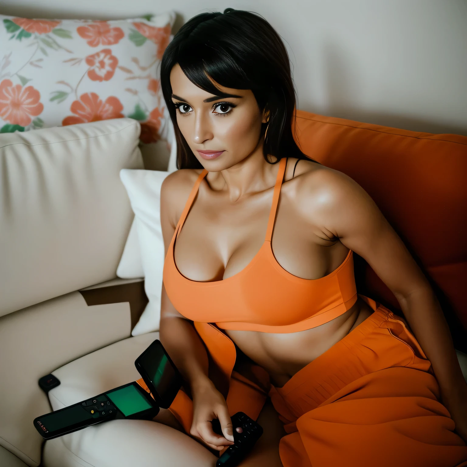 there is a woman sitting on a couch with a remote control, sentado no quarto, um brasileiro de 30 anos, extremamente quente e sexy, vestindo um short verde, uma camiseta laranja.