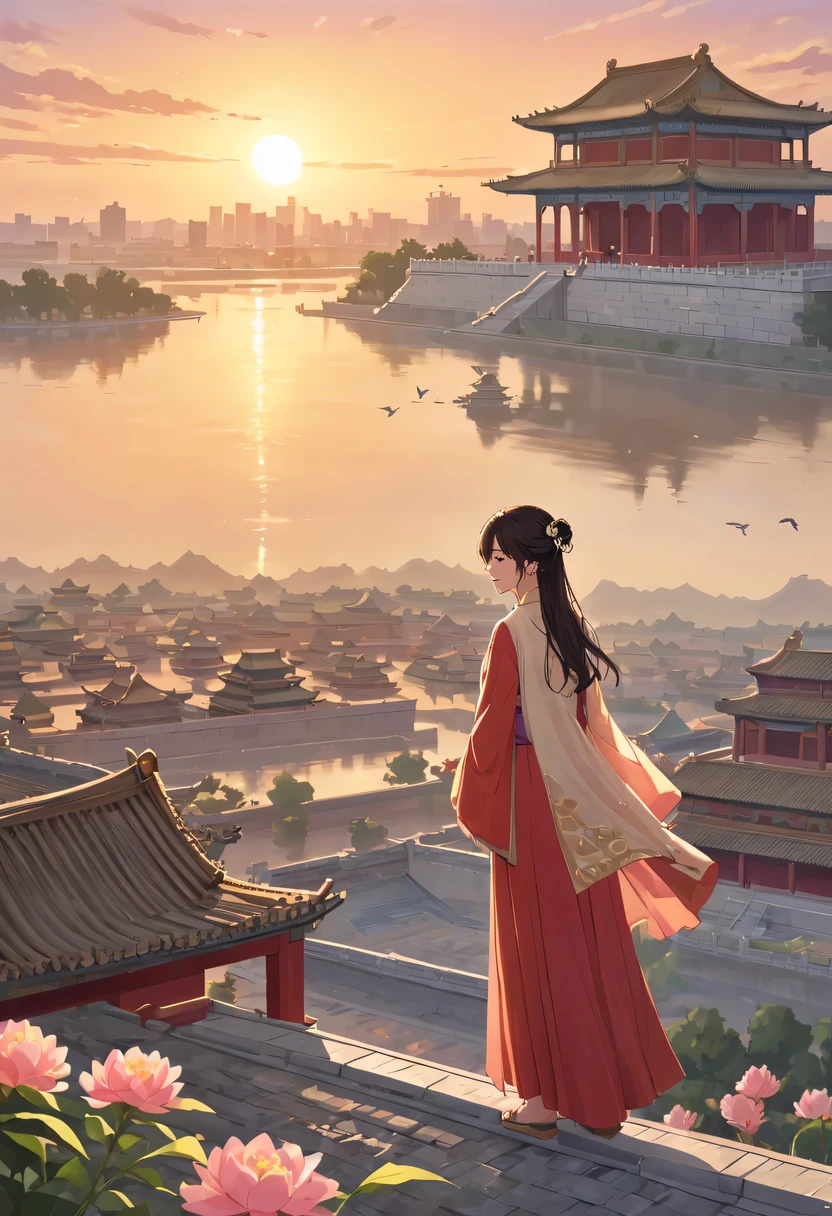 Couple wearing Hanfu sitting on the roof，Gaze at the distant skyline，The sunset and the ancient capital create beautiful scenery together，the forbidden city，cloud，fallen flowers，Sunset，ancient city，wild geese