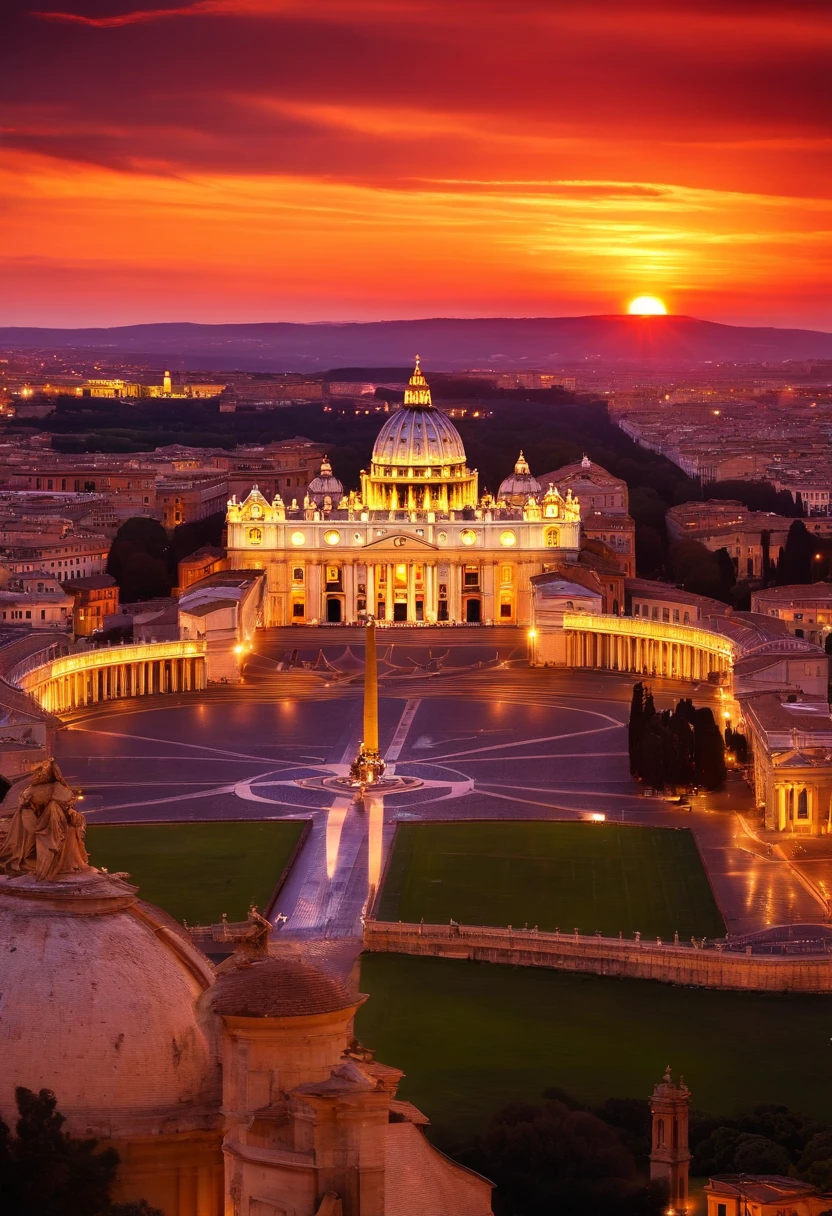 masterpiece, The view from the balcony, the vatican, San Pietro Cathedral, (Brilliant sunset, Big sunset, sun), Fantastic, Mysterious