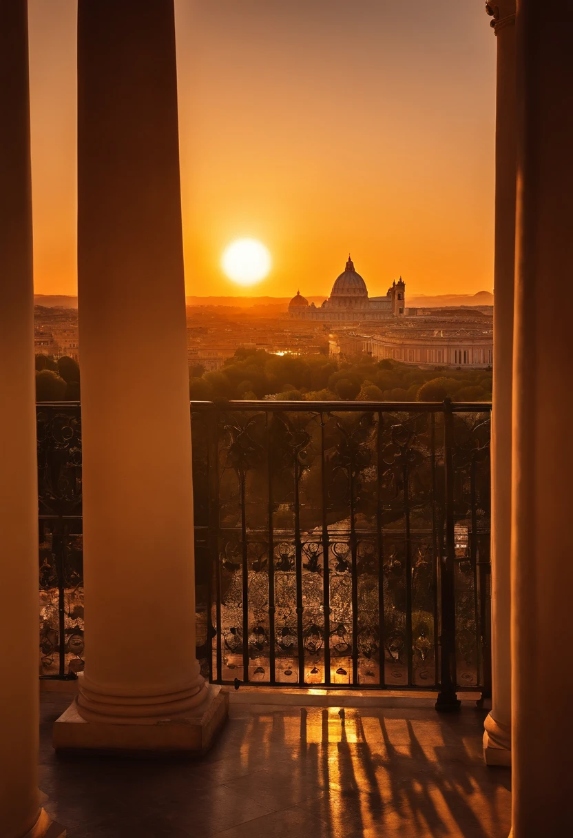 masterpiece, The view from the balcony, the vatican, San Pietro Cathedral, (Brilliant sunset, Big sunset, sun), Fantastic, Mysterious