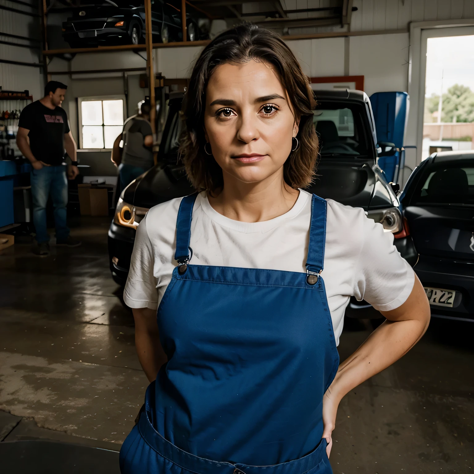portrait of a middle aged woman working in a car garage where also some men are working.