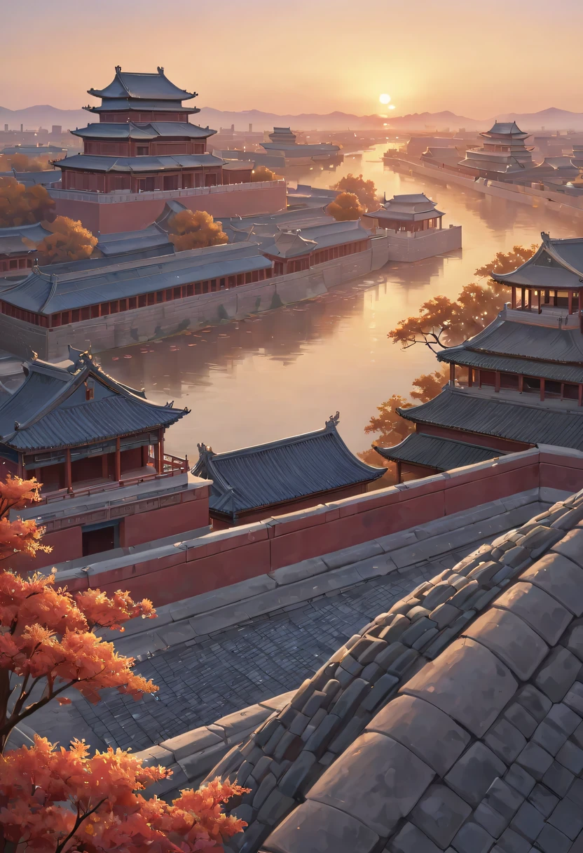 (best quality,4K,8k,high resolution,masterpiece:1.2),Super detailed,actual,Romantic,Chinese traditional style house,Lovers standing on the roof,Staring at the distant skyline,the sunset glow casting a beautiful scenery with the ancient capital city,the forbidden city,Colorful clouds,falling petals,Sunset over the city wall,ancient capital city,Wild geese flying in formation