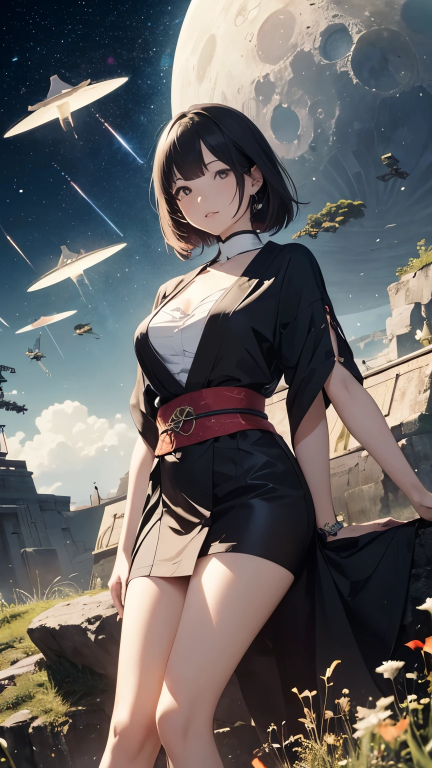 Heath Robinson, Akiko Hatsu, Surreal, mysterious, strange, fantastical, fantasy, Sci-fi, Japanese anime, soft moon, rocket launch, flying miniskirt beautiful girl, perfect voluminous body, detailed masterpiece low angles Hyper realistic sharp focus