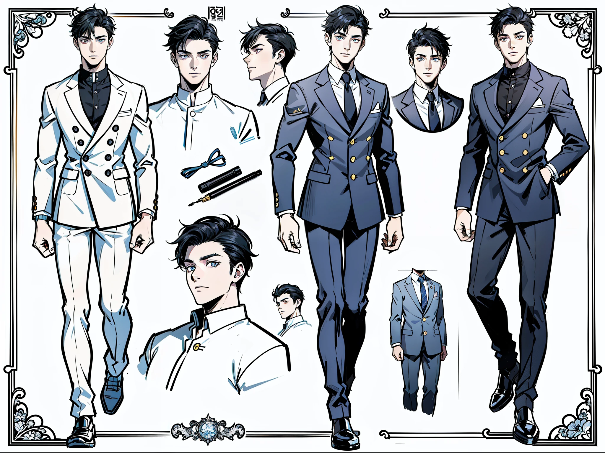 ((Masterpiece, Highest quality)), Male, boy, Detailed face, character design sheet, full body, Full of details, 6 different angles, Highly detailed, Depth, Many parts, boy with short black hair, handsome man, school uniform, man tall, webtoon, korean, ultra detailed eyes, ultra details, ultra quality, ultra detailed face