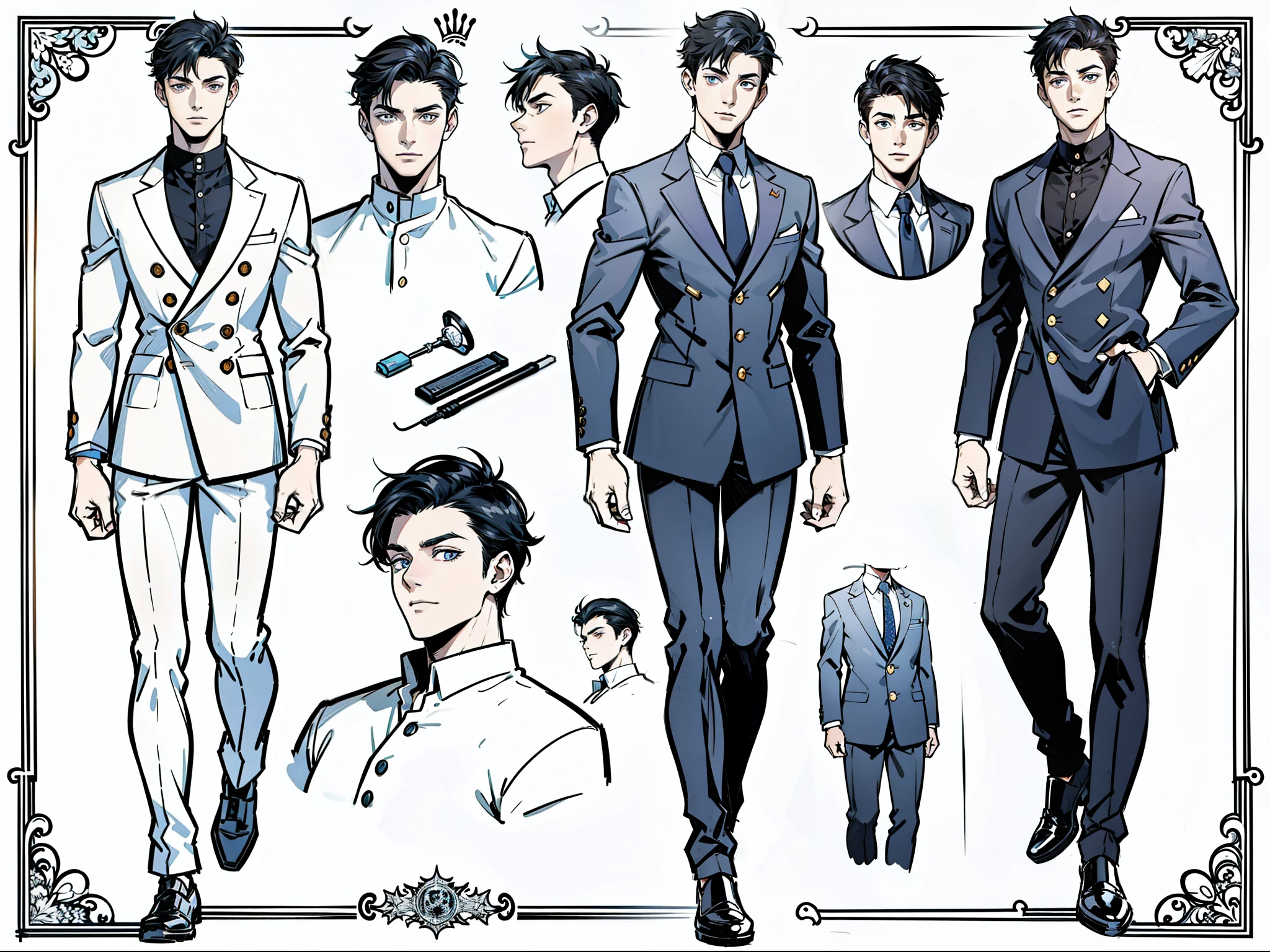 ((Masterpiece, Highest quality)), Male, boy, Detailed face, character design sheet, full body, Full of details, 6 different angles, Highly detailed, Depth, Many parts, boy with short black hair, handsome man, school uniform, man tall, webtoon, korean, ultra detailed eyes, ultra details, ultra quality, ultra detailed face
