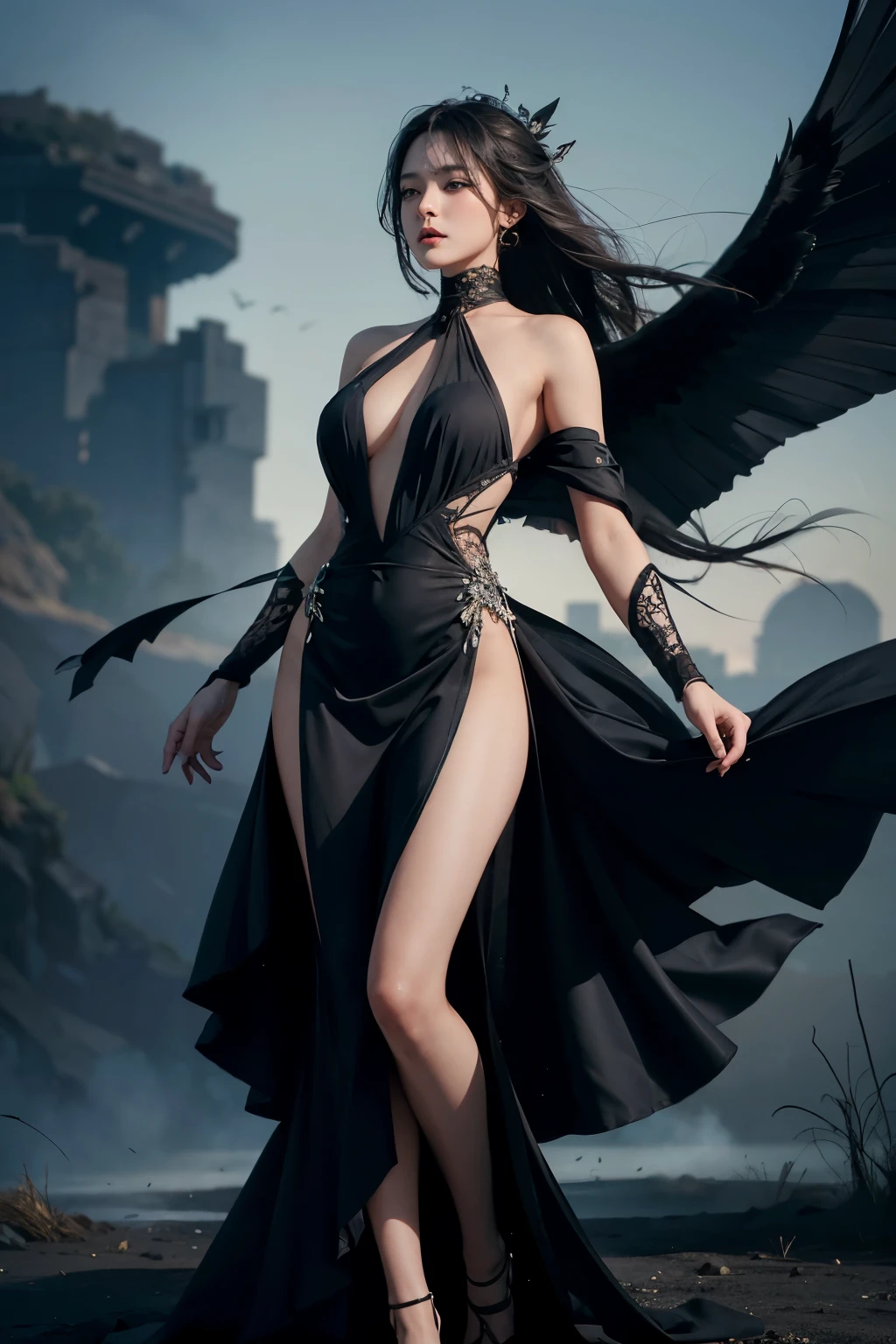 [[Graphite art]], a beautiful woman in a long, smoky dress gracefully poses, the gown fused to her body,Detaching pieces at the edge trailing smoke lines that symbolize her flight and freedom, [[bats-bird]] flutter around her in a stormy frenzy, her enchanting Ada dance scene captivates with every gust of wind --ar 3:2 --upbeta --q 2 --s 750.

This masterpiece of graphite art showcases a stunning woman in a long, smoke-infused dress, the fabric seamlessly merging with her form as it drifts away in intricate smoke trails, representing her soaring spirit