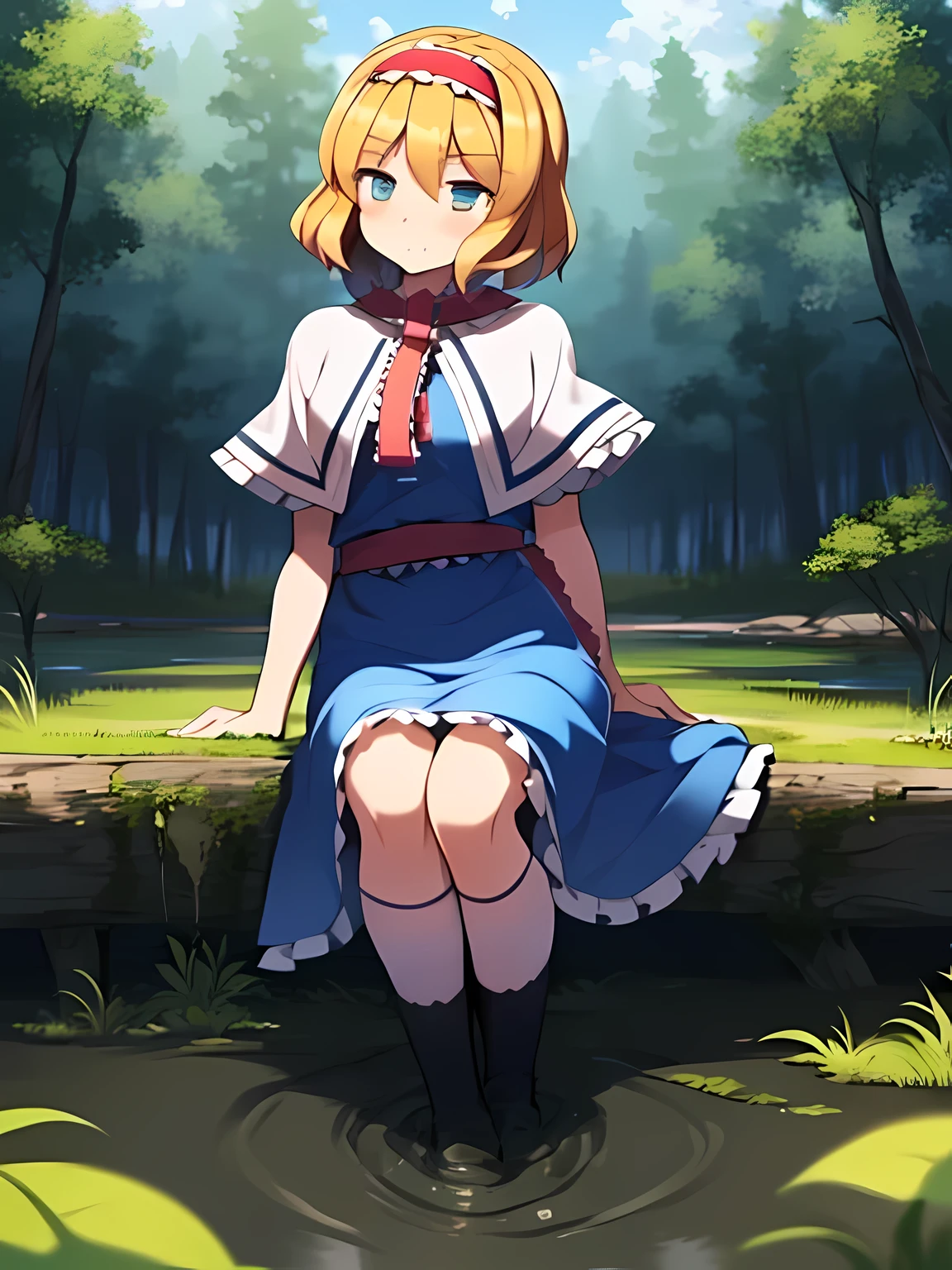 1 girl,East,(alice margatroid:1.3),1 girl,blonde hair, blue eyes, capelet,sash,red hair band, short hair, (Blue Long Dress:1.6), (white knee highs:1.4),wood々A stream flowing through a forest full of trees, Matte Painting V Ray, Eric Pevernagy, mystical forest lagoon, Standing in a mysterious forest, 1128x191 resolution, an ai generated image, A dark fog surrounds him, surreal images, Atmospheric Photography, High-resolution printing, Spooky Dead Swamp Setup, very besautiful ambient light