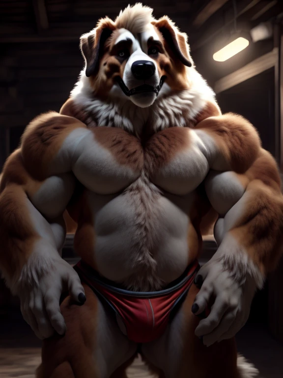(antro cachorro, macho, sozinho), (Saint Bernard, gordinho 1.5, forte 1.2), (pose for the camera, cauda longa, tanga, sunga), (pelo fotorrealista 1.5, cinematographic, fotorrealismo, pelo ultrarrealista, pelo ultrarrealista 1.9, obra de arte, perfect lighting, rosto super detalhado, olhos castanhos, realista, sorrindo), (floresta de outono, arvores, dia)