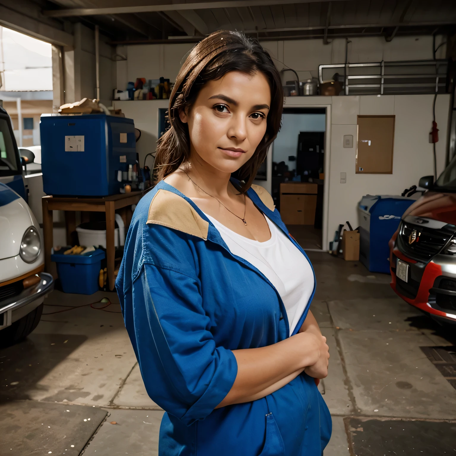 portrait of a middle aged woman working in a car garage where also some men are working.