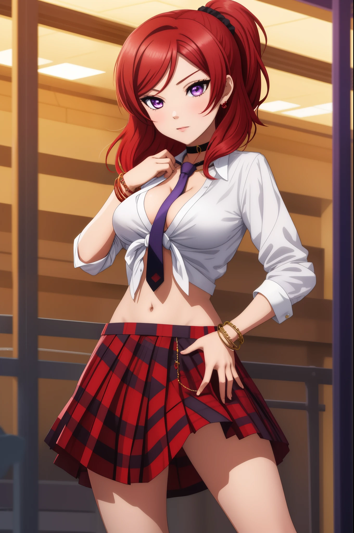 masterpiece, best quality, (1girl:1.000), (bracelet:1.000), (jewelry:0.998), (nishikino maki), (tied shirt:0.993), (red hair:0.987), (purple eyes:0.976), (navel:0.964), (plaid skirt:0.964), (front-tie shirt:0.961), cleavage ,(solo:0.953), (bangle:0.938), (choker:0.929), (ponytail:0.897), (skirt:0.895), (scrunchie:0.875), standing, (breasts:0.778), (midriff:0.672), (school uniform:0.618), (blush:0.617), (hair ornament:0.542), (white shirt:0.537), (simple background:0.517), (black choker:0.505), hand on hip 