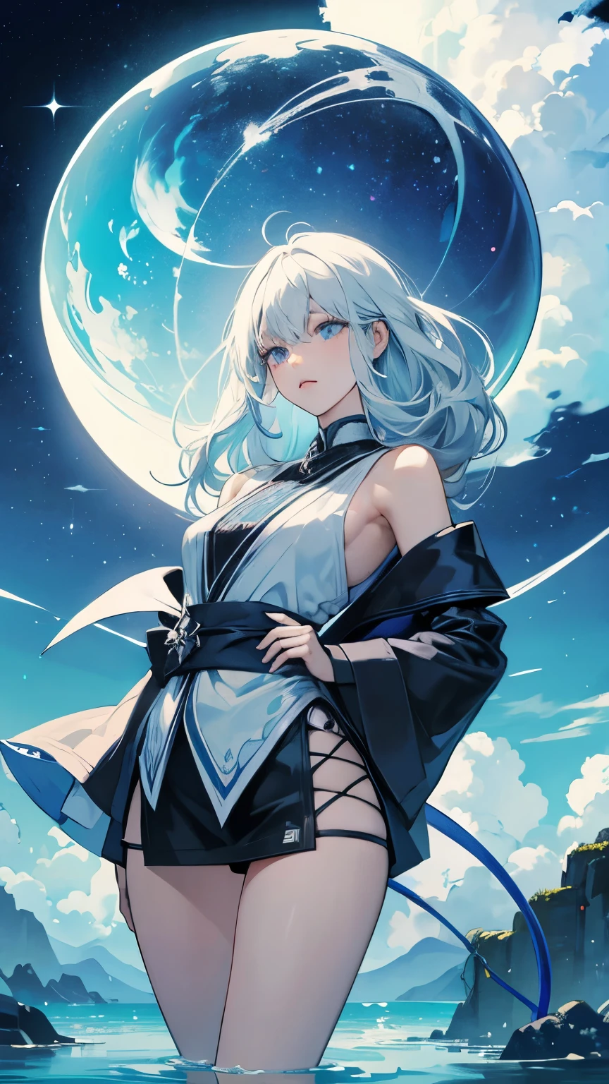 Eula is an elegant woman with a pale complexion and multicolored heterochromatic eyes that fade from dark purple to pale yellow. She has choppy, unevenly cut light blue hair. Above her bangs, Eula wears a black headband and a four-pointed silver, white, and blue hairpin to her left. She wears a blue cape on her right shoulder, with her Cryo Vision pinned to it.
Her outfit, Wavecrest Waltz, is described as consummate elegance that shines through her neat and smart knight's uniform. It consists of a black leotard which has a silver symbol of her clan at the sides of the bottom, and the back cut out. The upper body and sleeves are white and have the sides of the shoulders cut out and is secured below her breasts with a black belt.
Additionally she wears a blue tie, a pair of black gloves with blue palms, and blue stockings with thigh-high boots accented with silver with an additional strap, silver heels with spurs, and blue soles. SPARKLE; GLITTER