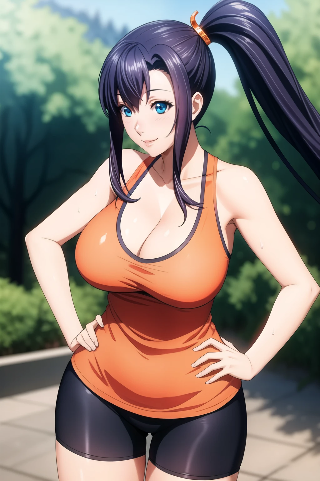 perfect eyes:1.2, detailed eyes:1.4, closed mouth, hands on hip, towel around neck, bike_shorts, sweat:1.2, glossy skin:1.2, cleavage, black shorts, nature, cowboy shot, sleeveless_shirt, orange shirt, Blue eyes, Purple hair, bangs, side ponytail, Hair ornament, 20yo, Young female, Beautiful Finger, Beautiful long legs, Beautiful body, Beautiful Nose, Beautiful character design, perfect balance, smile, 1girl, solo, (masterpiece:1.6, best quality), 8k, insane details, intricate details, hyperdetailed, hyper quality, high detail, ultra detailed, professional, HDR, ray tracing reflection, cinematic lighting,