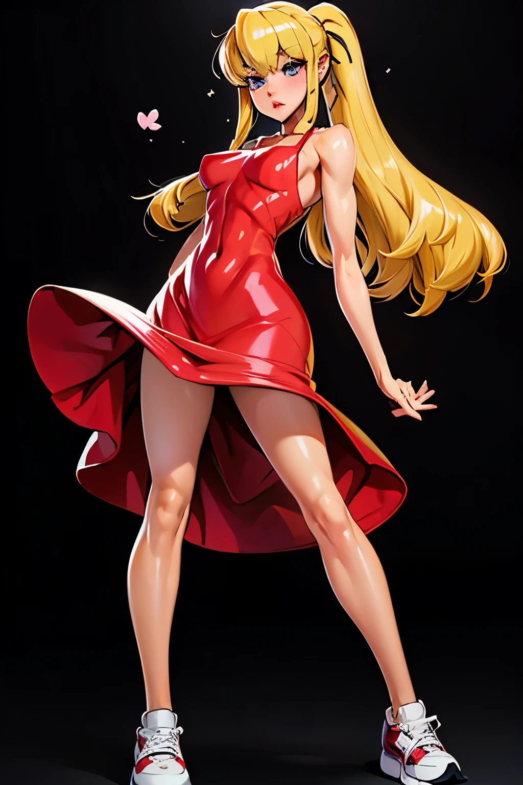 ((1girl)), Generate an illustration of a mature Roll, gym leader of megaman , (red dress), hd, holding  all,  de terno preto, long blonde hair, long ponytail, hair bangs, fringes, shiny hair, (small breasts:1.2), black top, buttons, outfit in anime format with a serious style, sneakers, make up, masterpiece, dark lighting, black background, puffy lips,(slendered abs), beautiful face,