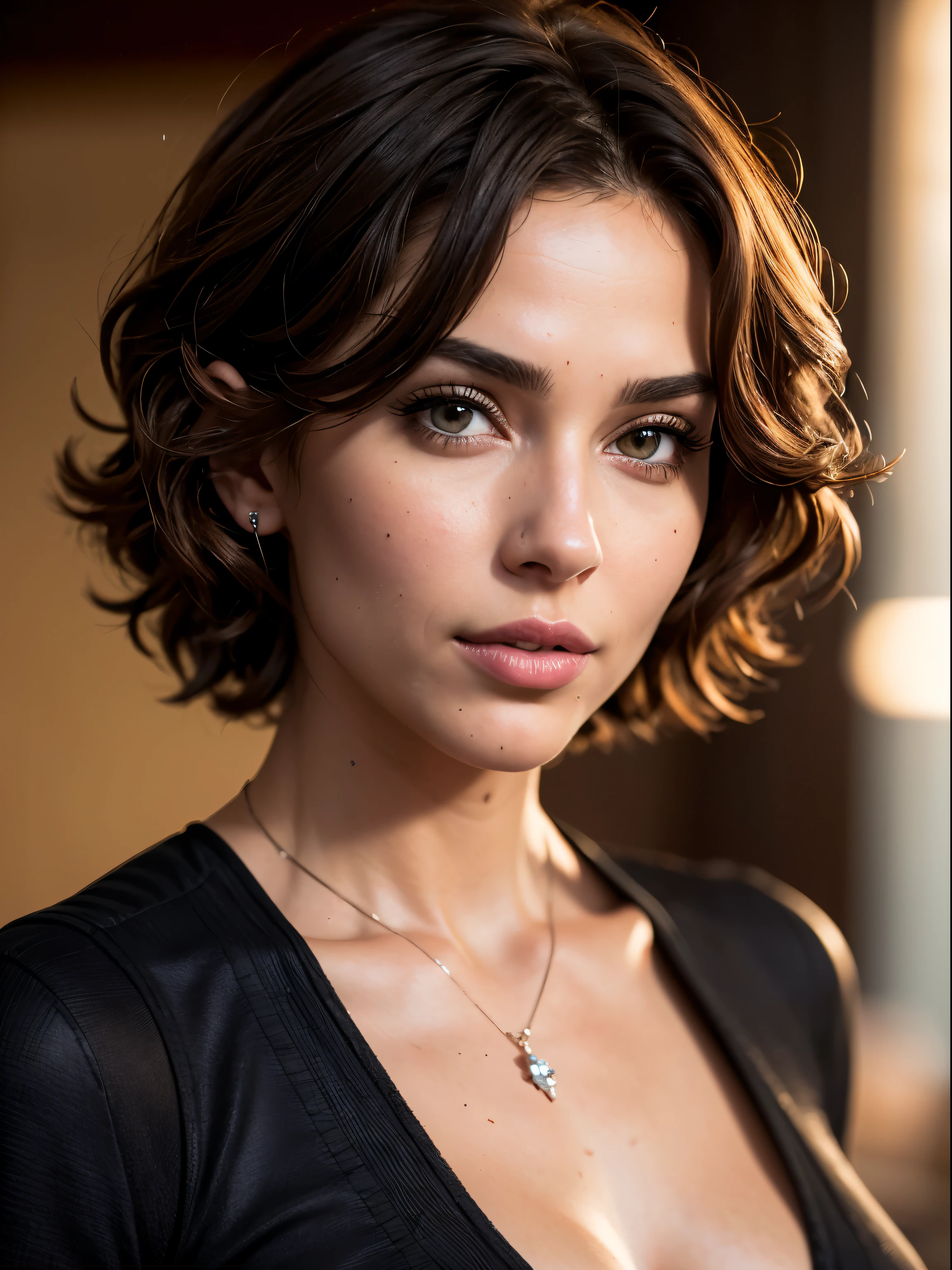 Breathtaking cinematic photo of a 30 year old woman with cabelo castanho and olhos castanhos, feliz, happy expression, boca fechada, Lindo lips, detalhes intrincados, profundidade superficial de campo, altamente detalhado, high budget, Hollywood epic movie, maravilhoso, obra de arte, premiado, profissional, altamente detalhado, textura detalhada da pele, (corar: 0.5), (arrepio: 0.5). (the most Lindo woman in the world) (cabelo castanho) (Cabelo cacheado curto, cabelo selvagem, corte elegante) rosto fino, nariz fino, Lindo, very Lindo, perfeito face, delgado body (delgado), (cabelo castanho) (olhos castanhos ) (Pele branca) corpo bonito, face ocidental, Predatory eyes, Pink lips, coxas grossas. corpo todo, beleza ocidental, nariz fino, Lindo, perfeito, ((melhor qualidade)), ((ultra resolution)), ((fotorrealista: 1.4)), (detalhes intrincados), perfeito face, inventar: 1.5 , rosto claro, Detalhes faciais. vista frontal ((uniforme, tactical bodysuit, fantasia de agente, SPY))