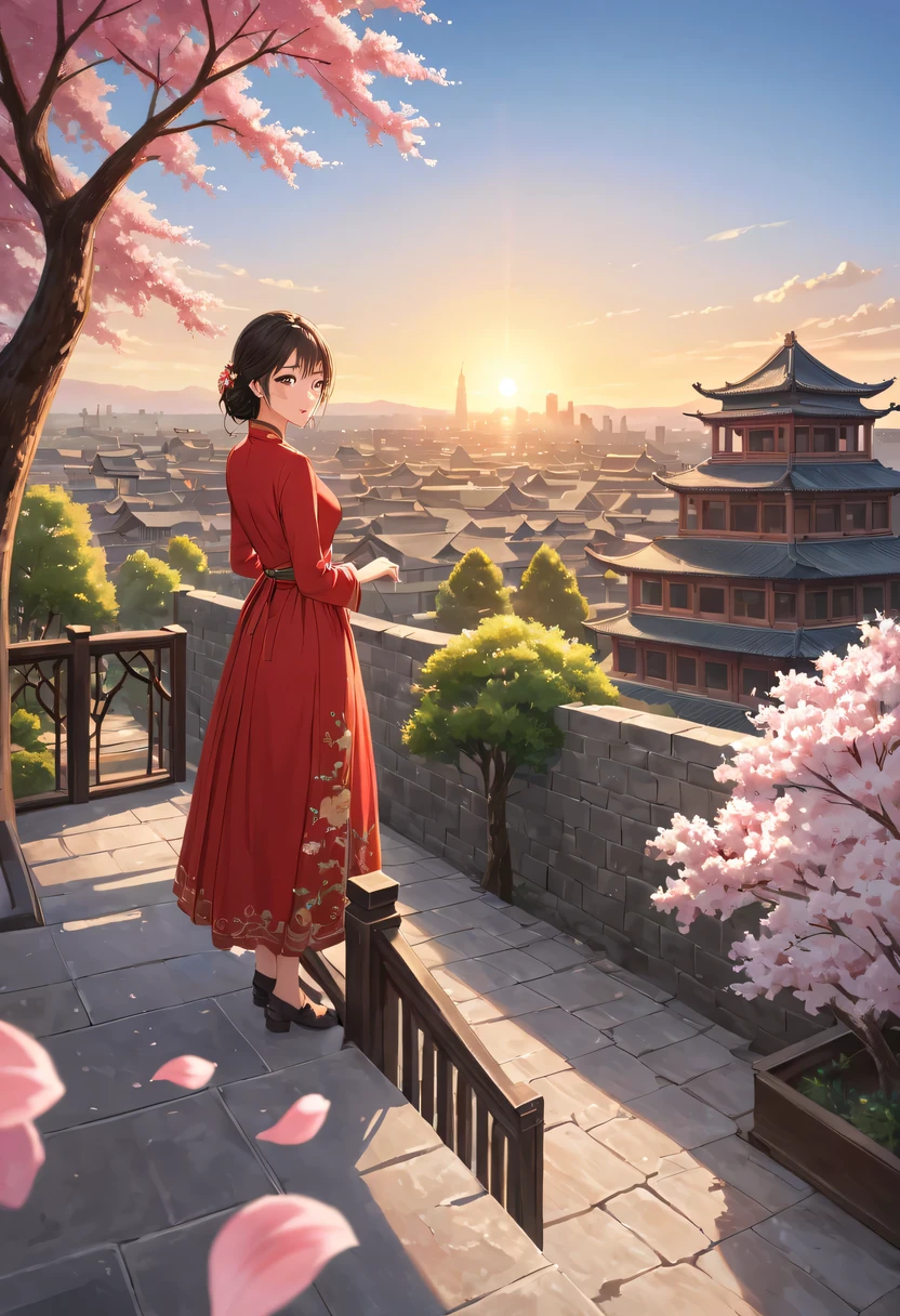 (Girl in red,perched on top of house,Admire the distant skyline,sunset,ancient imperial city,cloud,falling petals,become sunny,historical capital, flock of wild geese) ,painting,Super detailed,bright colors,sharp focus,professional lighting,lifelike,human development report,enclosed garden,Blooming flowers completely cover the ground,There are multiple traditional buildings in the background,Carefully carved wooden structure,curved roof tiles,ancient stone wall and gate,Slender willow trees sway in the breeze,Cherry blossoms fall gently,Traditional Chinese clothing with intricate embroidery,detailed facial features,Expressive eyes and long eyelashes,Smiling lips,Soft sunlight illuminates the scene,peaceful atmosphere,Peaceful and idyllic, A combination of history and natural beauty, Ethereal and timeless.